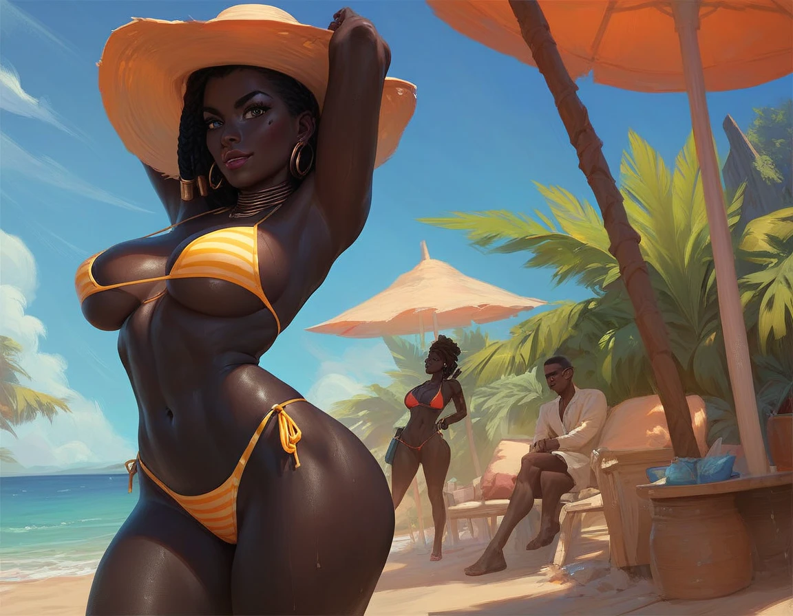 e.  Black African black black skin.   wide hips .  wearing a bikini.  