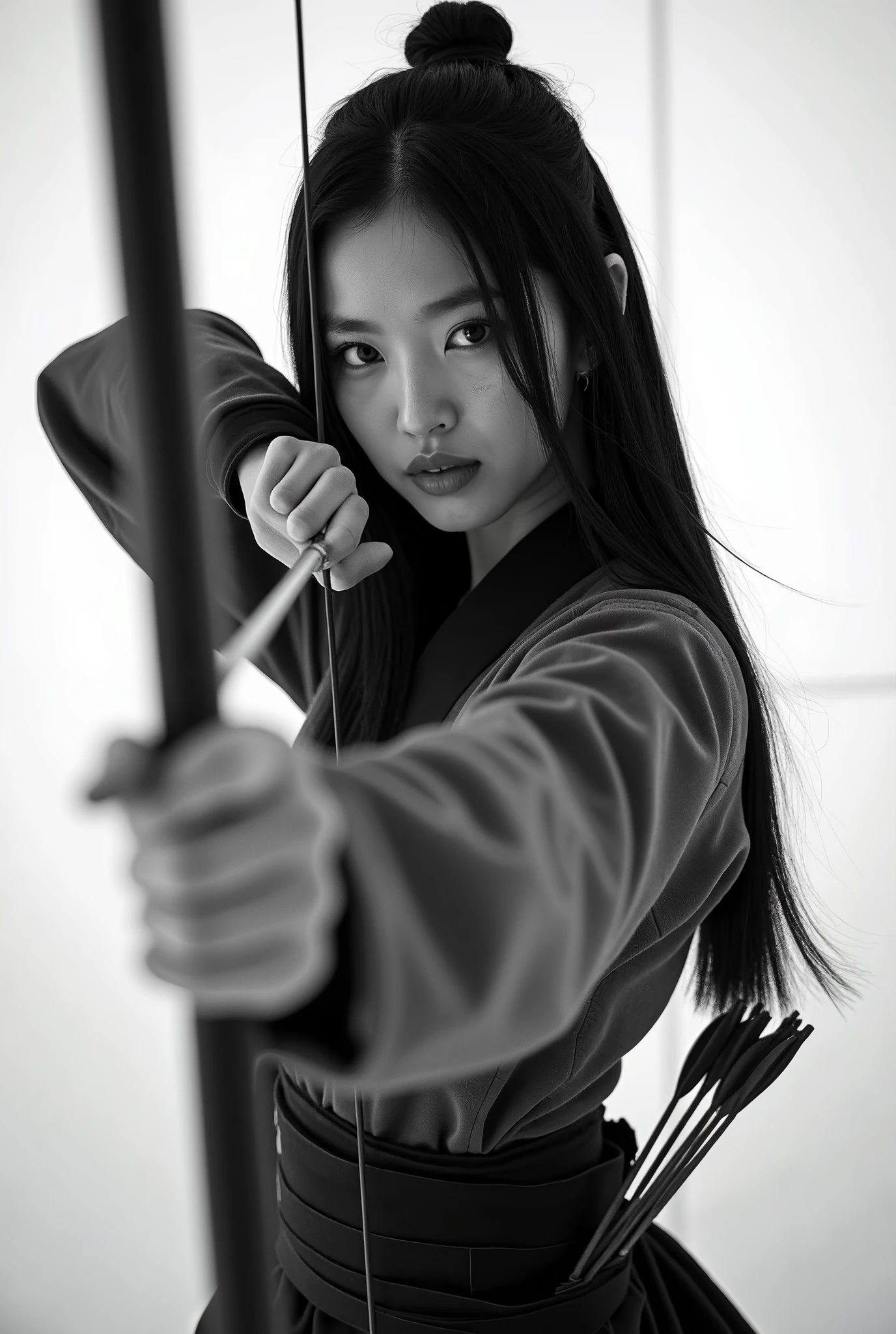 live-action、 real、Kyudo、A very beautiful Japanese woman who holds a bow and sets her sights on viewers、Carrying arrows、Ainu traditional clothing、A very beautiful Japanese woman with a 、Black Hair、 straight long hair carrying arrows 、White background、Black and white photography、Upper body close-up