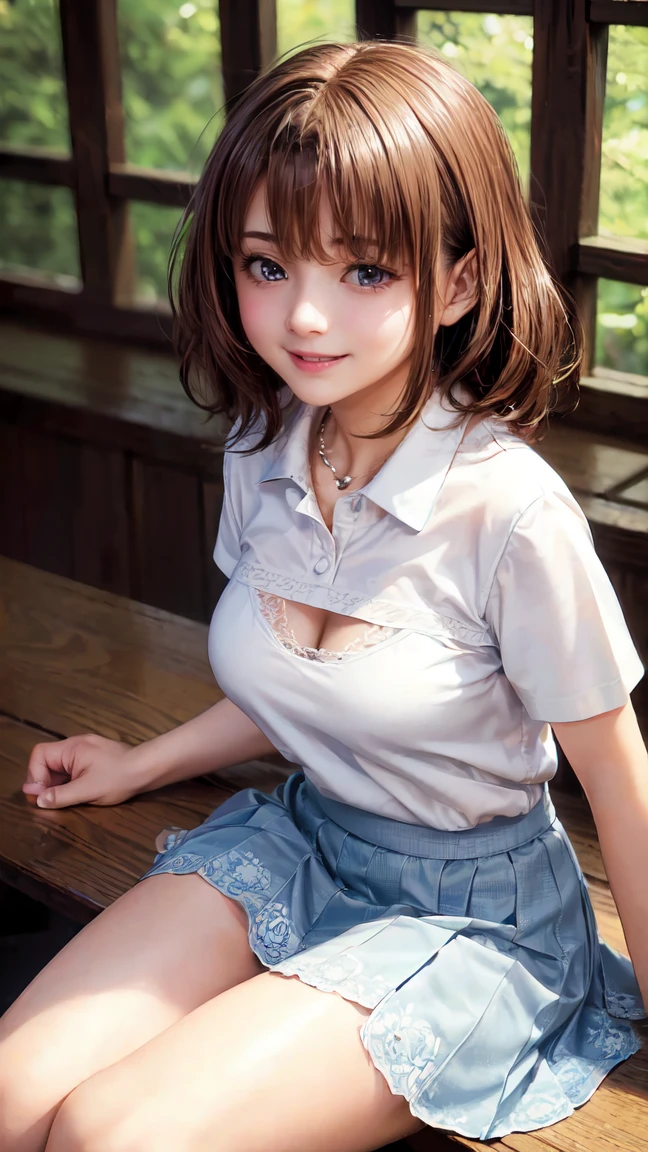 (( table top, Best Quality,  high resolution on down,  perfect pixel, 4K,)),  1 girl, single, Alone, Beautiful woman、 I was able to see my whole body 、 (( short wavy hair in front of it, bangs, Brown Hair)), (( Brown Eyes ,  beautiful eyelashes , Realistic eyes)), ((  DETAILS FACE  , :1.2)), (( smooth texture:0.75, Realistic texture:0.65, Realistic:1.1,  anime CG style)),  medium chest,  Dynamic Angle,  perfect body , (( white tennis wear、  white short sleeve shirt with collar 、Light blue frill skirt、  white tennis shoes  、 wind flips through my skirt 、Floral lace panties、、Squat with your knees apart))、  tennis court 、、  Gorgeous Church Basilica with a Very Embarrassing Panic Smile 、、、、The bra is see-through、One side&#39;One on the chest&#39;Hand、