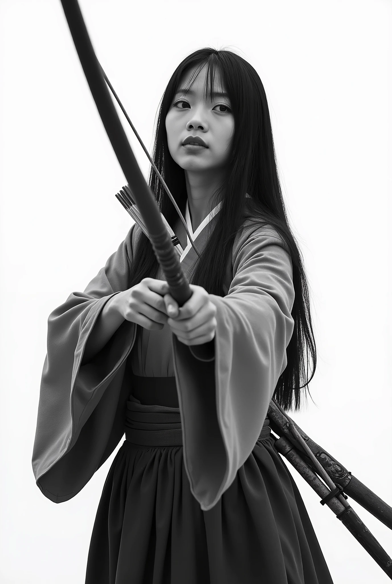live-action、 real、Kyudo、A very beautiful Japanese woman who holds a bow and sets her sights on viewers、Carrying arrows、Ainu traditional clothing、A very beautiful Japanese woman with a 、Black Hair、 straight long hair carrying arrows 、White background、Black and white photography、 face up