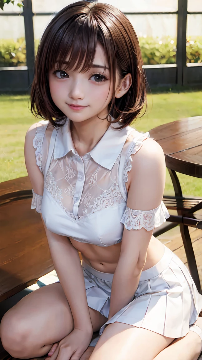 (( table top, Best Quality,  high resolution on down,  perfect pixel, 4K,)),  1 girl, single, Alone, Beautiful woman、 I was able to see my whole body 、 (( short wavy hair in front of it, bangs, Brown Hair)), (( Brown Eyes ,  beautiful eyelashes , Realistic eyes)), ((  DETAILS FACE  , :1.2)), (( smooth texture:0.75, Realistic texture:0.65, Realistic:1.1,  anime CG style)),  medium chest,  Dynamic Angle,  perfect body , (( white tennis wear、  white short sleeve shirt with collar 、Light blue frill skirt、  white tennis shoes  、 wind flips through my skirt 、Floral lace panties、、Squat with your knees apart))、  tennis court 、、  Gorgeous Church Basilica with a Very Embarrassing Panic Smile 、、、、The bra is see-through、One side&#39;One on the chest&#39;Hand、