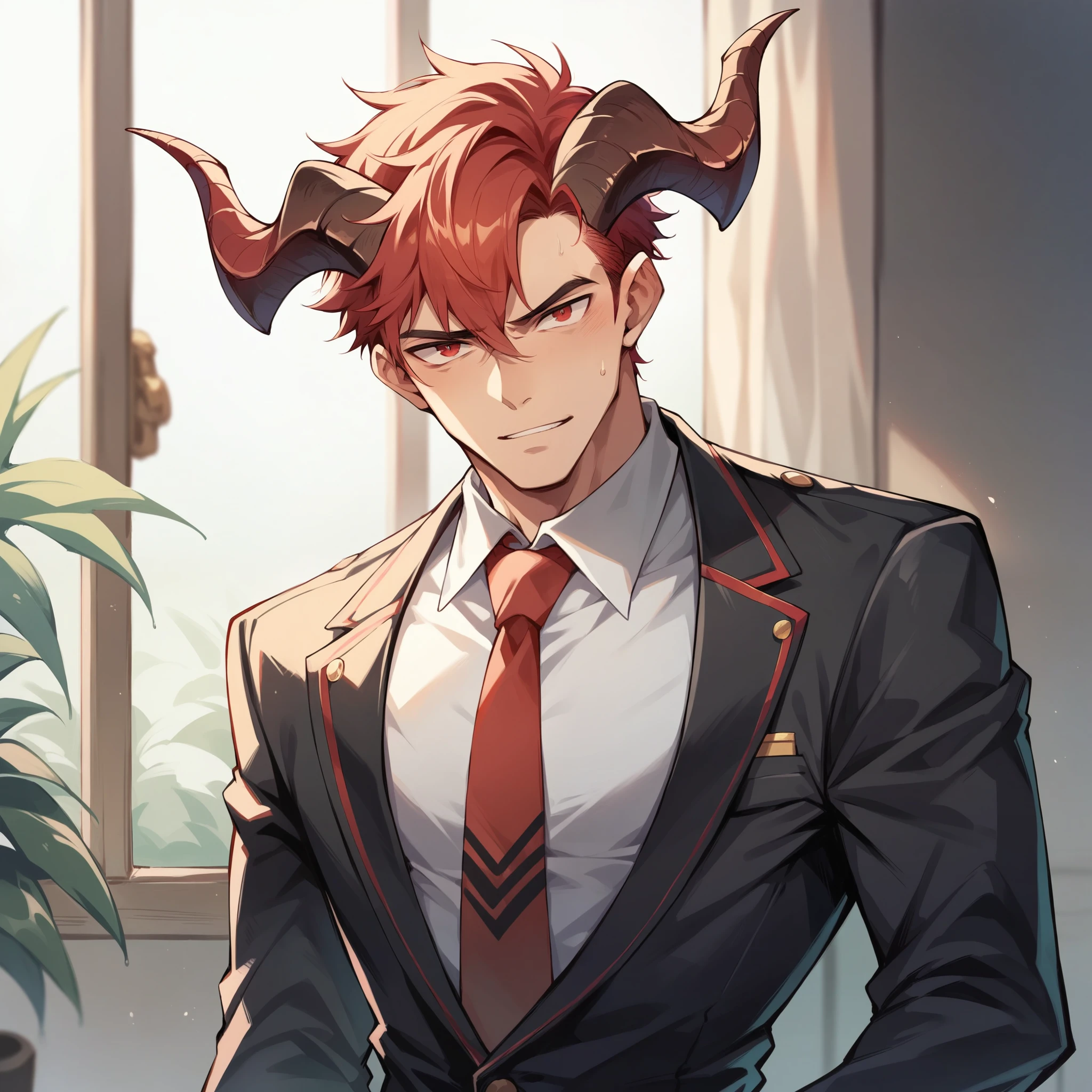 absurdres, highres, ultra detailed, HDR, master piece, best quality, Dante, red hair, long hair, expressive blue eyes, tanned skin, Nu Carnival, solo, sexy man, handsome, horny, lewd, demon, horns, black leather clothes, red cape, accessories, showing the chest, castle, red moon, red trees, red spider lilies, fantasy, dark magic
