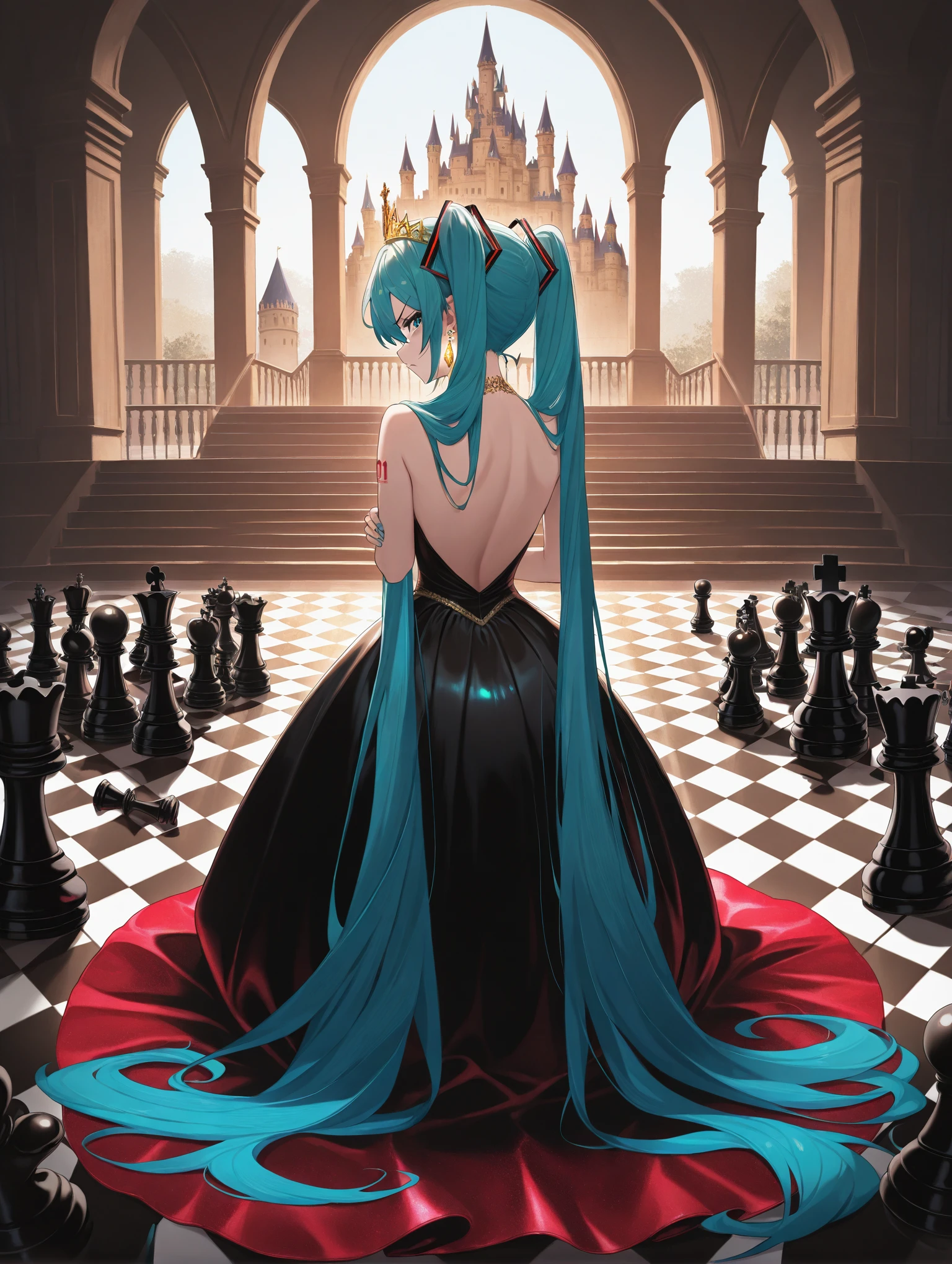 high angle shot, 1 girl, Hatsune Miku, queen, long black ball gown, gold tiara, crystal earrings,long flowing hair,  dissapointed, looking down at viewer, annoyed, angry
chess pattern, chess pieces, chess board, long flowing hair, 
Castle, crystal decorations                                                                                                                                                                                       ,masterpiece,best quality,amazing quality,very aesthetic,absurdres,newest,