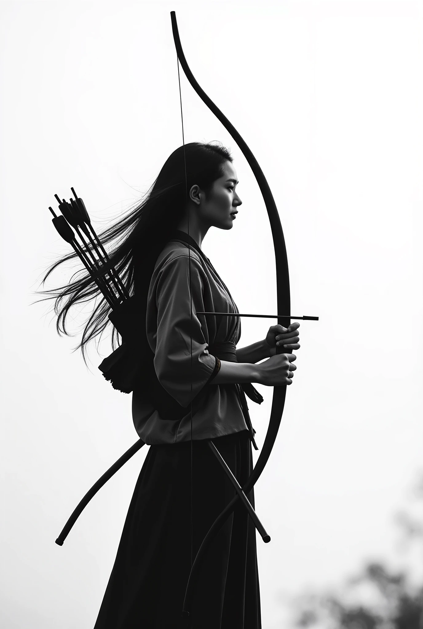live-action、 real、Kyudo、A very beautiful Japanese woman holding a bow in the sky and taking aim、Carrying arrows、Ainu traditional clothing、A very beautiful Japanese woman with a 、Black Hair、 straight long hair carrying arrows 、Hair blowing in the wind、profile、White background、Black and white photography、
