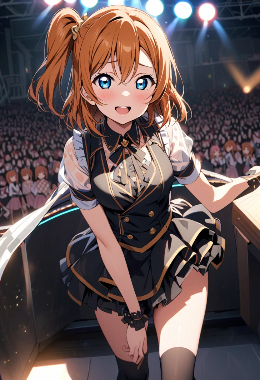 ((( pixel perfect, perfect detail))), (, Alone, Solo Girl,  Takasaka Honoka, 1, ( Costume We Are Now , : 1.5), viewer perspective, smile, , MS, Love Live!!! , stage, sing, ( blue eyes,  Detailed Shadows ,   DETAILS FACE  ,  orange hair, One-sided ponytail,  short hair), (( Black Knee-High Socks with Pink Frills on {x}:1.3)), ( black boots)、 from the front,(nsfw)、((((Bra)))), ((((panties)))),See-through underwear