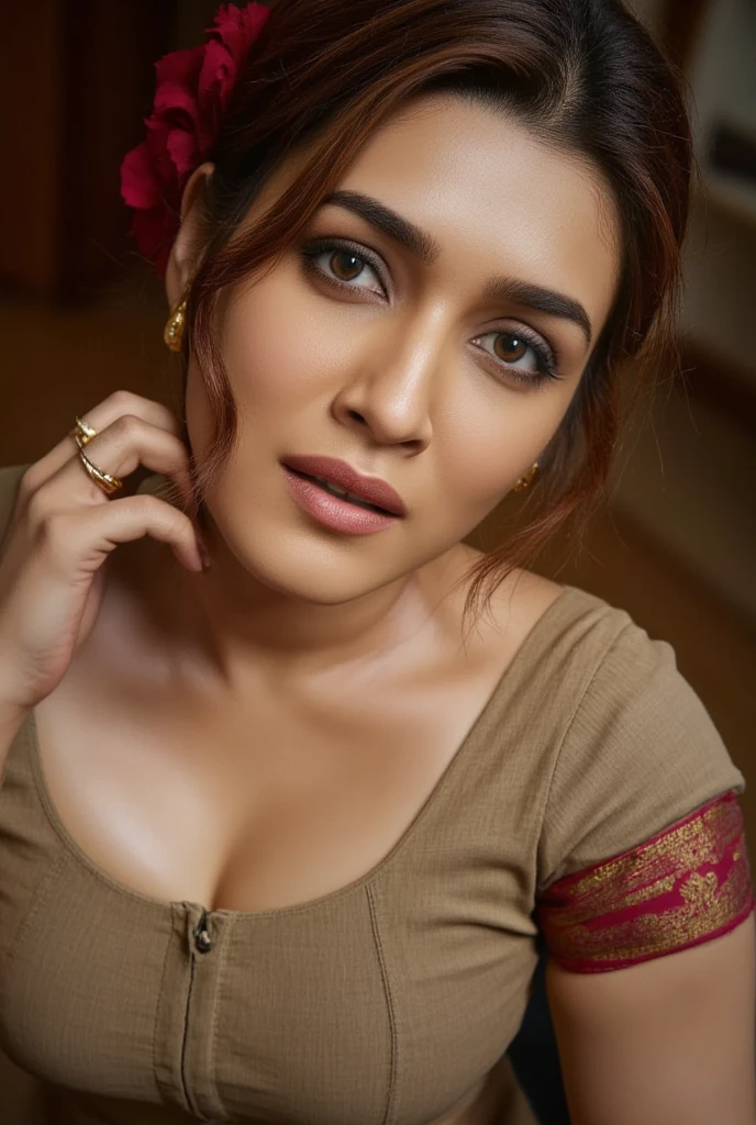 A woman kneeling gracefully, wearing a traditional Indian blouse with intricate patterns and rich colors. The blouse has delicate embroidery, enhancing the elegance of her attire. The image is captured from a top-down angle, with the woman looking up at the viewer, her eyes expressive and engaging. Her hair is styled beautifully, and she wears subtle jewelry that complements her traditional look. Soft lighting highlights her facial features and the details of her blouse, creating an intimate, captivating atmosphere that draws the viewer into her gaze."