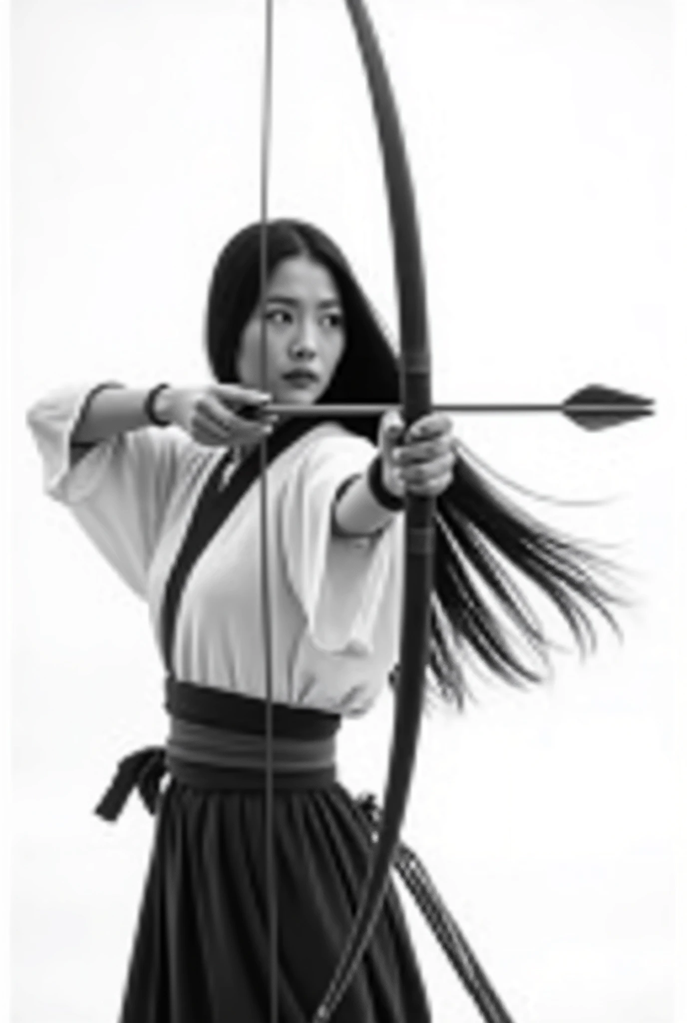 live-action、 real、Kyudo、A very beautiful Japanese woman holding a bow and taking aim、Carrying arrows、Aiming at the sky、Ainu traditional clothing、A very beautiful Japanese woman with a 、Black Hair、 Straight Long Hair 、Hair blowing in the wind、whole body、profile、White background、Black and white photography、