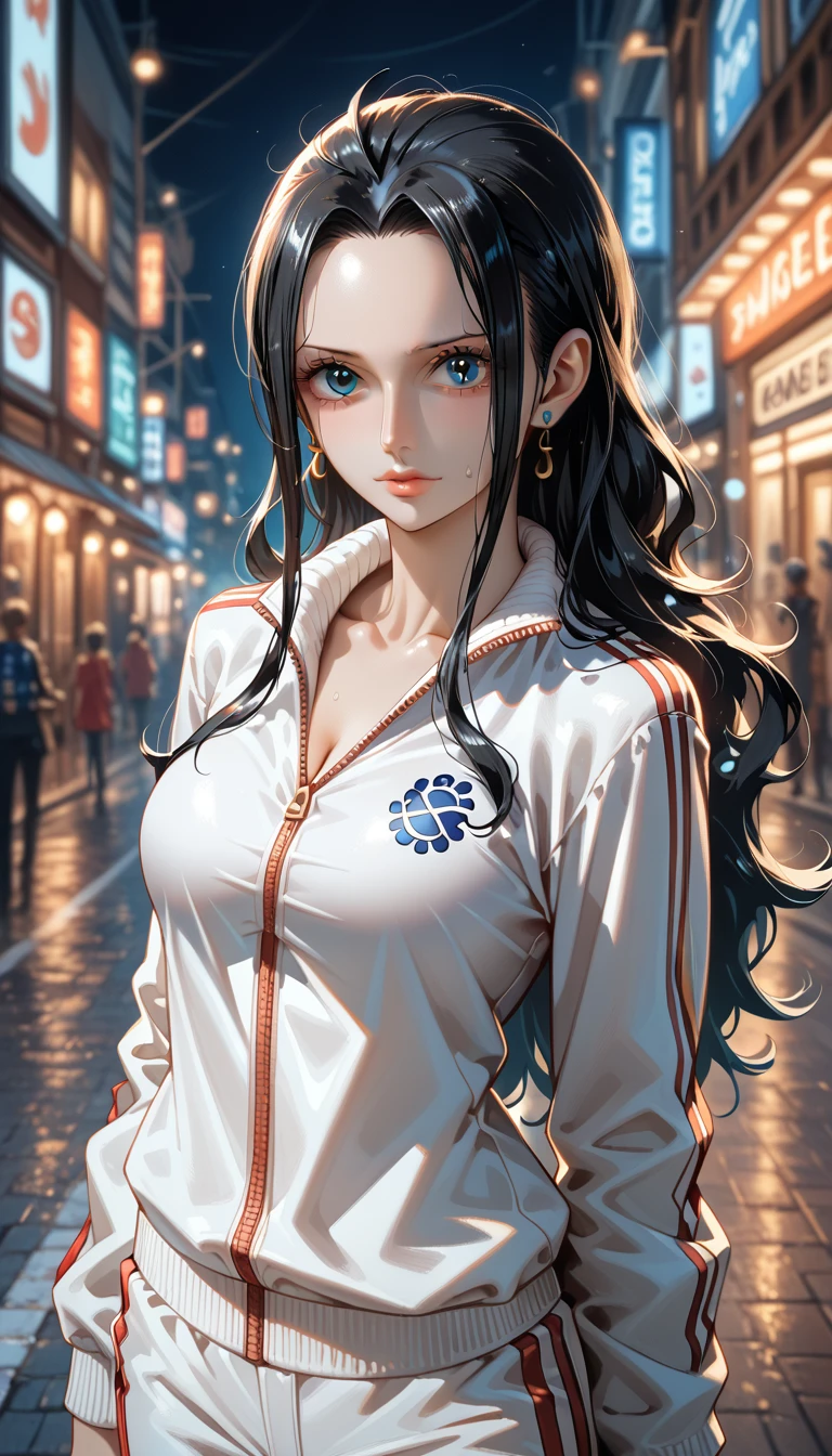 masterpiece, best quality, intricate details, 1girl, woman, black hair, nico robin \ (one piece\), blue eyes, long hair, hair slicked back, white track jacket, white sweatpants, female focus, looking at viewer, ((front view)) ((close up shot)) ((solo)) detailed, very high resolution, no blurry image, cowboy shot, blue eyes, shiny, shiny skin, shiny hair, ((nico robin from one piece)) ((female nico robin from one piece)), outdoors, street, night