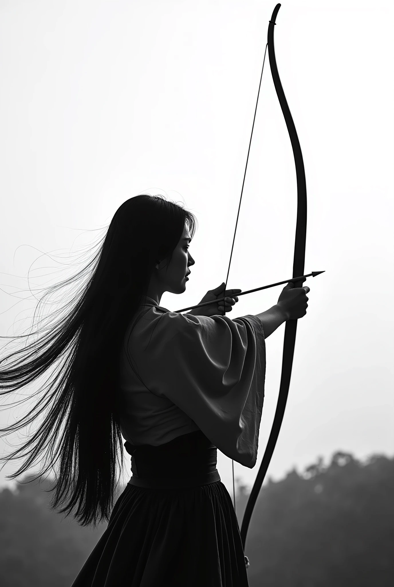 live-action、 real、Kyudo、A very beautiful Japanese woman holding a bow and taking aim、Carrying arrows、Aiming at the sky、Ainu traditional clothing、A very beautiful Japanese woman with a 、Black Hair、 straight long hair carrying arrows 、Hair blowing in the wind、whole body、profile、Ink painting background、Black and white photography、