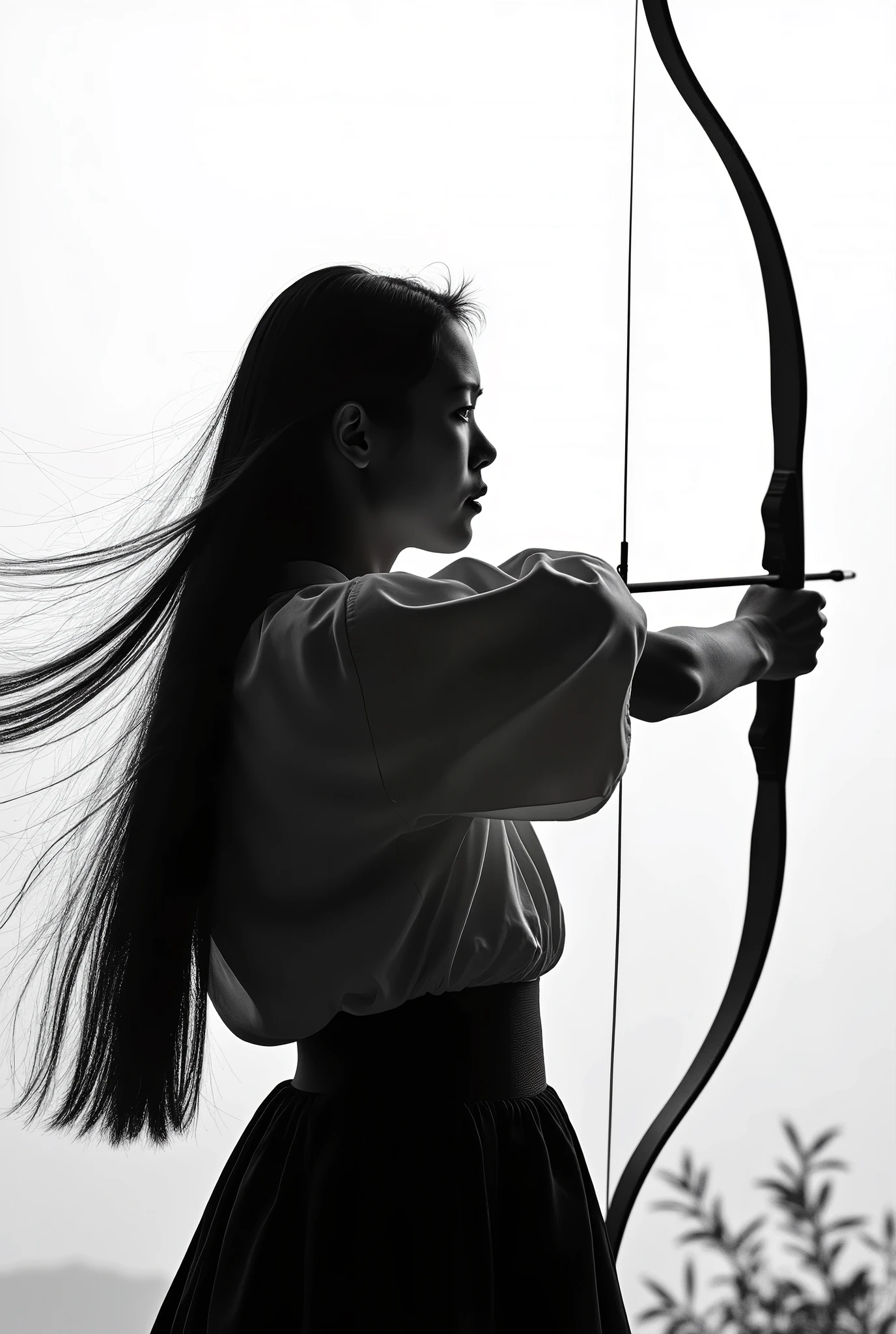 live-action、 real、Kyudo、A very beautiful Japanese woman holding a bow and taking aim、Carrying arrows、Aiming at the sky、Ainu traditional clothing、A very beautiful Japanese woman with a 、Black Hair、 straight long hair carrying arrows 、Hair blowing in the wind、whole body、profile、Ink painting background、Black and white photography、
