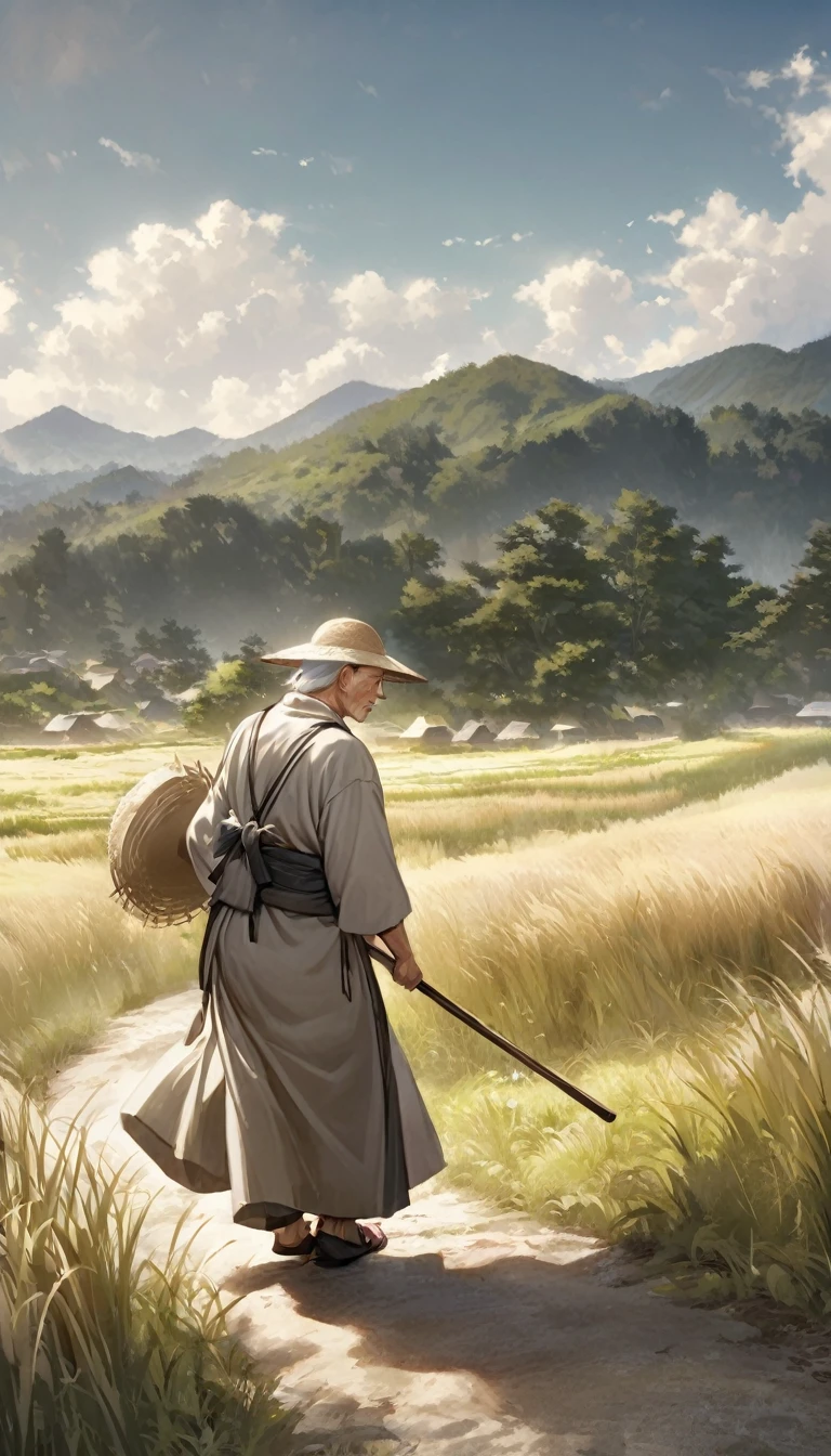 man standing on a field of tulips, kimono, raining, sun rays, wet clothes, watercolor background, white hair, muscle, semi bare chest, mountains, open kimono, artwork,detailed face, hyper detailed, 8k, highly detailed, intricate details, dramatic composition, multicolor flowers