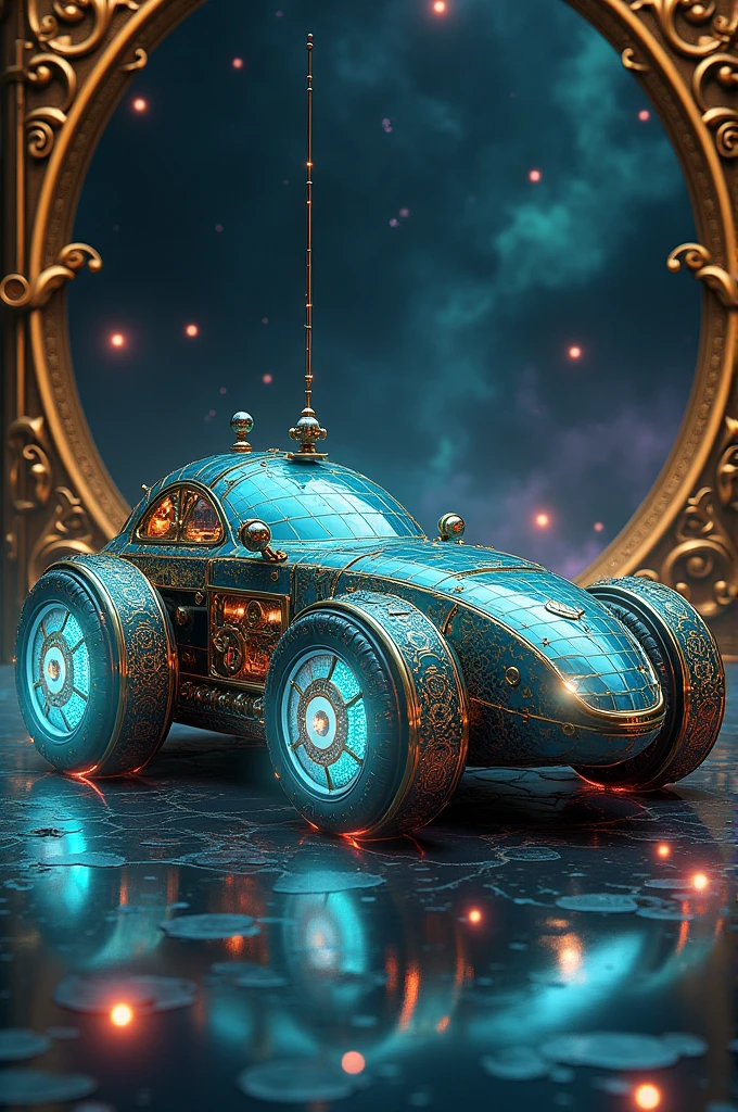 a fantastical, mechanical car, intricately designed with a blend of steampunk and cyberpunk aesthetics. The car's body should be adorned with gears, cogs, and metallic plates, all glowing with a soft, neon blue light that highlights its intricate details. The tires are transparent with a grid-like pattern, resembling stained glass, and are framed with gold filigree. The antennas are long, segmented, and metallic, with a slight luminescent glow at the tips. The background is a dark, cosmic tapestry filled with stars and nebulae, giving the impression of the car driving through a forest county road. Surrounding the car is a golden frame, ornate and baroque in style, with gears and mechanicalelements integrated into the design. Small, glowing orbs float around the car, adding a mystical ambiance to the scene. The overall color palette includes deep blues, golds, and purples, with accents of neon green and pink from the cosmic background.