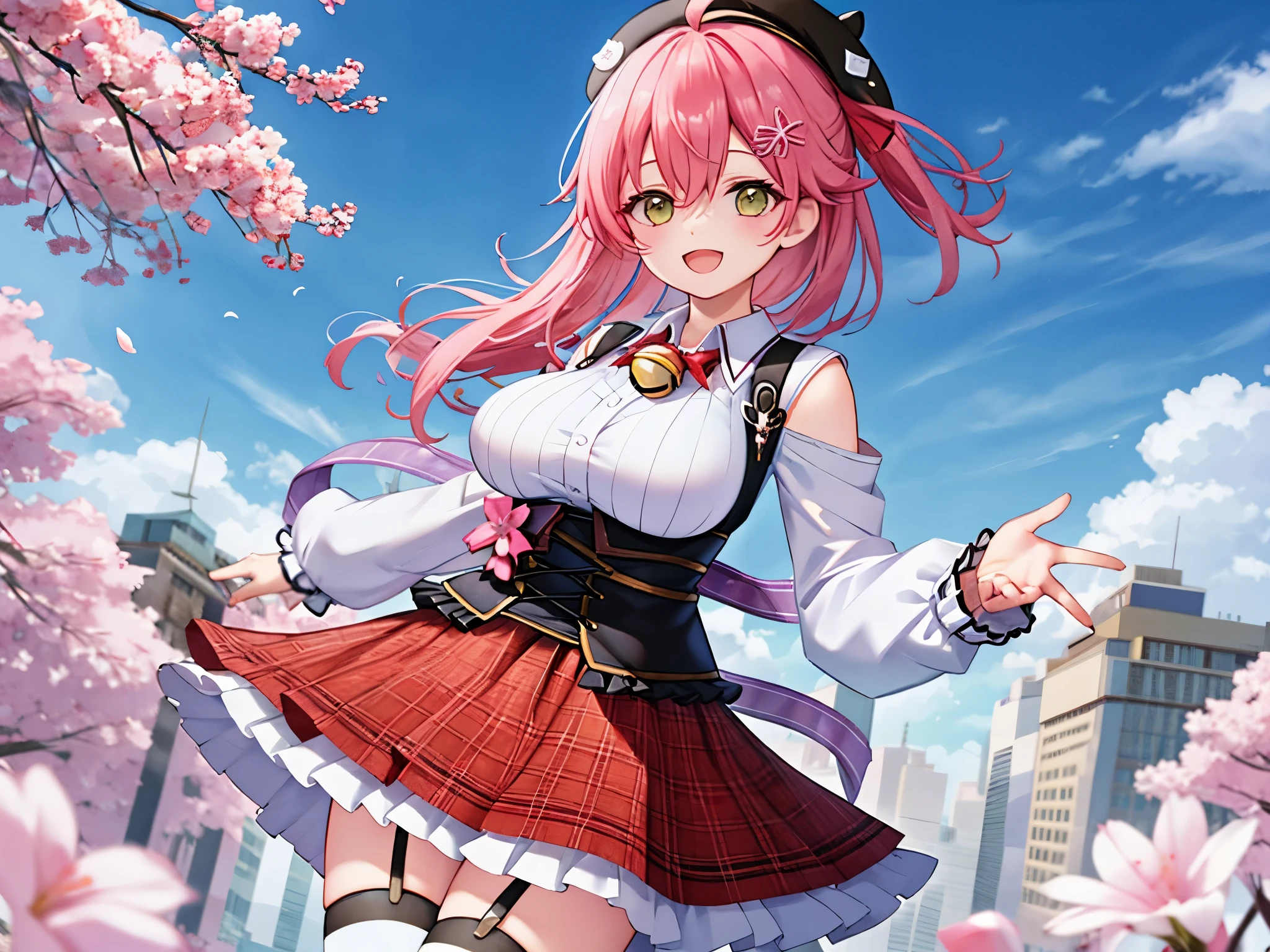 masutepiece, Best_Quality, hight_resolution, miko2,Ponytail, 1girl, Ahoge, black headwear, Hair Ornament, White shirt, black thighhighs, Pink hair, Red_skirt, very_short_skirt, plaid skirts, garter_strap, Collared shirt, hair clips, frilld, Bangs, hair between eye, frills skirt, beret, Pleated skirt, Hair Flower, Neck bell, , puffy long sleeves, Black bow, Underbust, Smile, (large_breasts:1.3),covered_nipples, green_eyes, happy, dynamic_angle,apart_legs,(big_smile:1.2),plump,open_mouth,shout,half_eyes,cherryblossom_park_landscape_background,