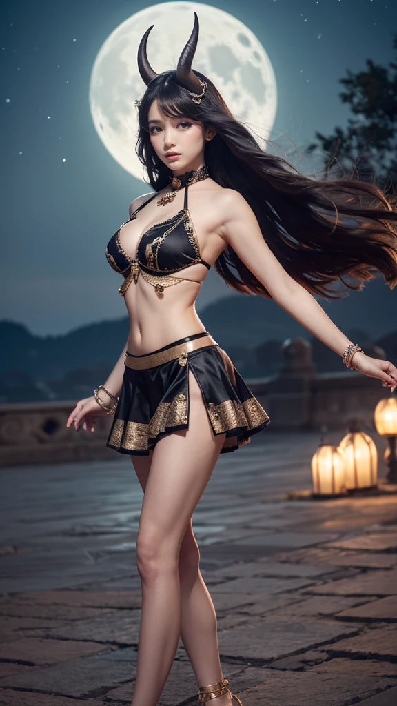 （A desert：1 girl with black hair,Western Region Dancer，Dance）， tmasterpiece， best qualtiy， RAW photogr， realisticlying， the face， Incredibly Ridiculous res，， ear studs， (flowing long black hair)，eye shadows，intricate jewelry，Bracelet，head chain，Collar，foot ring，Western-style bikini clothing，nipple tassels，Tulle skirt，The barefoot，depth of fields， A high resolution， ultra - detailed， filigree， RAWE is very detailed， very detailed eyes and faces， Sharp pupils， realistic pupil， tack sharp focus， cinmatic lighting，full bodyesbian，Bigboobs，long leges，From the front side，banquet，dynamicposes，Normal posture，closeup of face