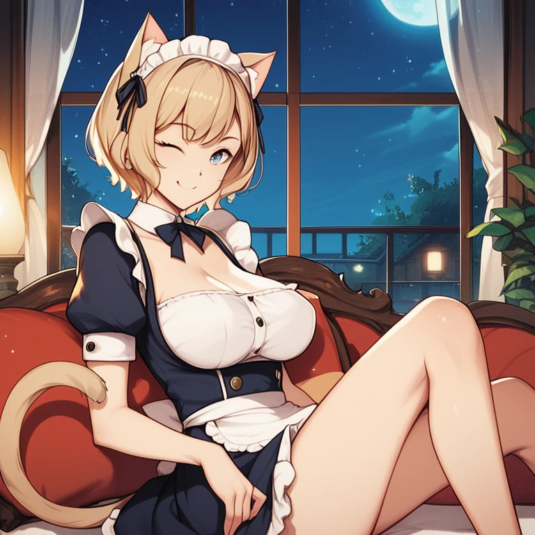 (masterpiece,best quality,very aesthetic),super-fine illustration,high saturation,BREAK,solo,1girl,30 years old,curvy,large breasts,tall,stout build,bewitching,(fox tail),blonde fox ears,short hair,blonde hair,beautiful face,(brown eyes),(half closed eyes:0.5),(messy hair),disheveled hair,hair intakes,(dark green maid clothes,frilled skirt,maid apron:1.2),(smirk,smug:0.8),sitting,leaning against low table,drunk,comfortable,drinking,japanese sake bottle,sake cup,tabi,japanese shrine,indoors,tatami,shoji,night,evening,Illuminated by indirect light placed on the floor,low table,(scar on cheek,scar on breasts:1.2),cowboy shot,sideways glance