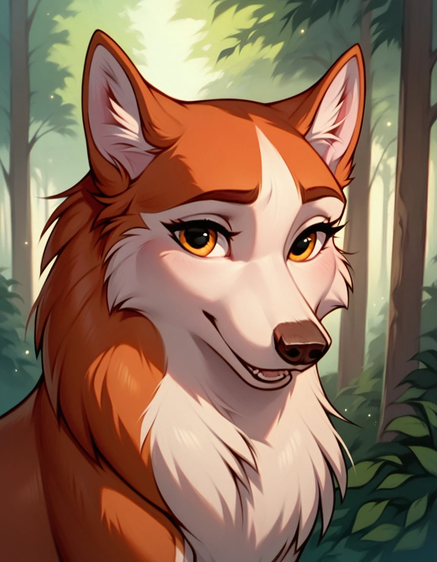 Score_9, Score_8_up, Score_7_up, Score_6_up, Score_5_up, Score_4_up, wild, Jenna from balto, wolfdog, soft fur with red tones, looking at you, smiling, cute, outdoors, forest, long eyelashes, portrait, beautiful, masterpiece , very detailed, shy face, sensuality, horny