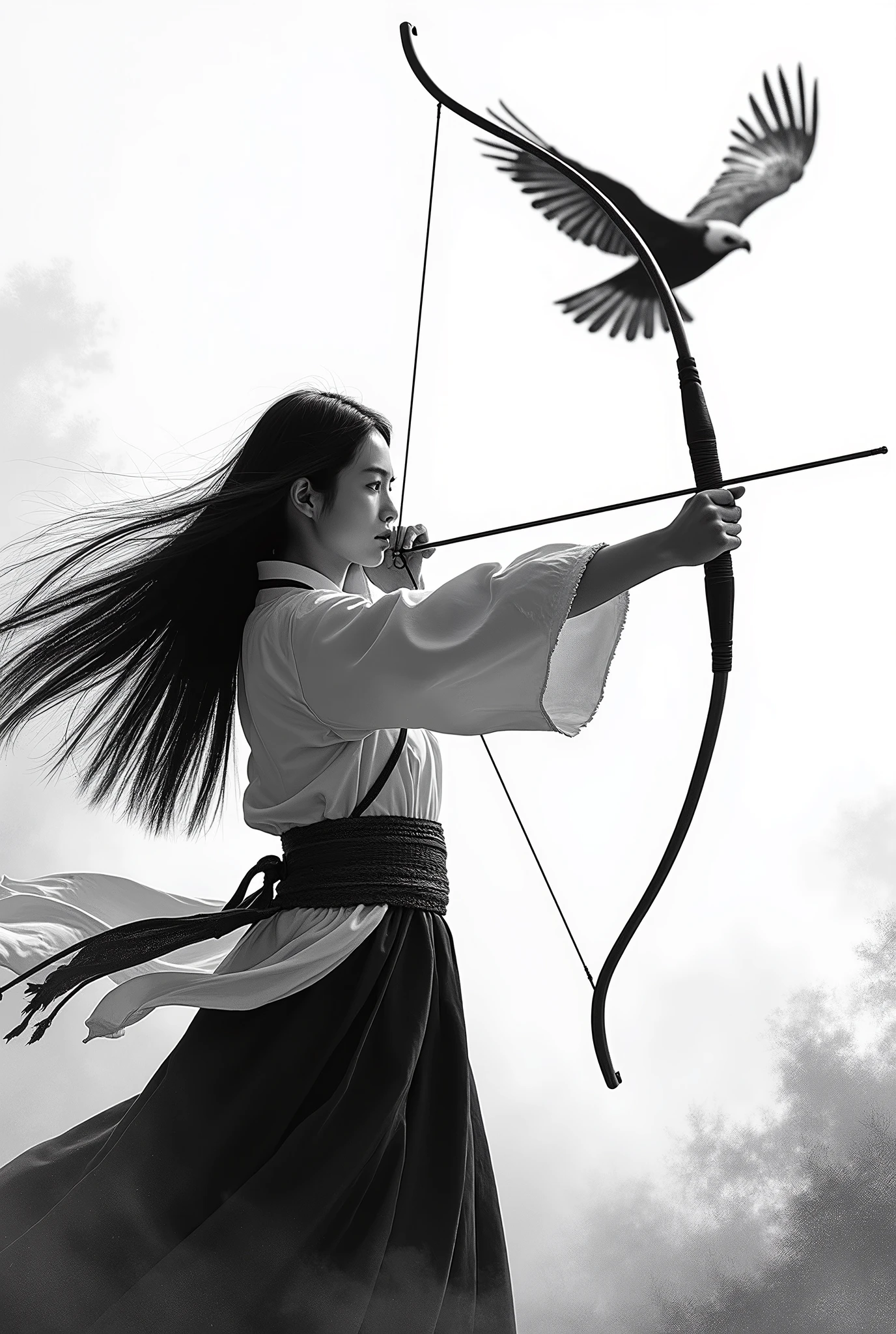 live-action、 real、Kyudo、A very beautiful Japanese woman holding a bow and taking aim、Carrying arrows、Aiming at the eagle in the sky、Ainu traditional clothing、A very beautiful Japanese woman with a 、Black Hair、 straight long hair carrying arrows 、Hair blowing in the wind、whole body、profile、Ink painting background、Black and white photography、