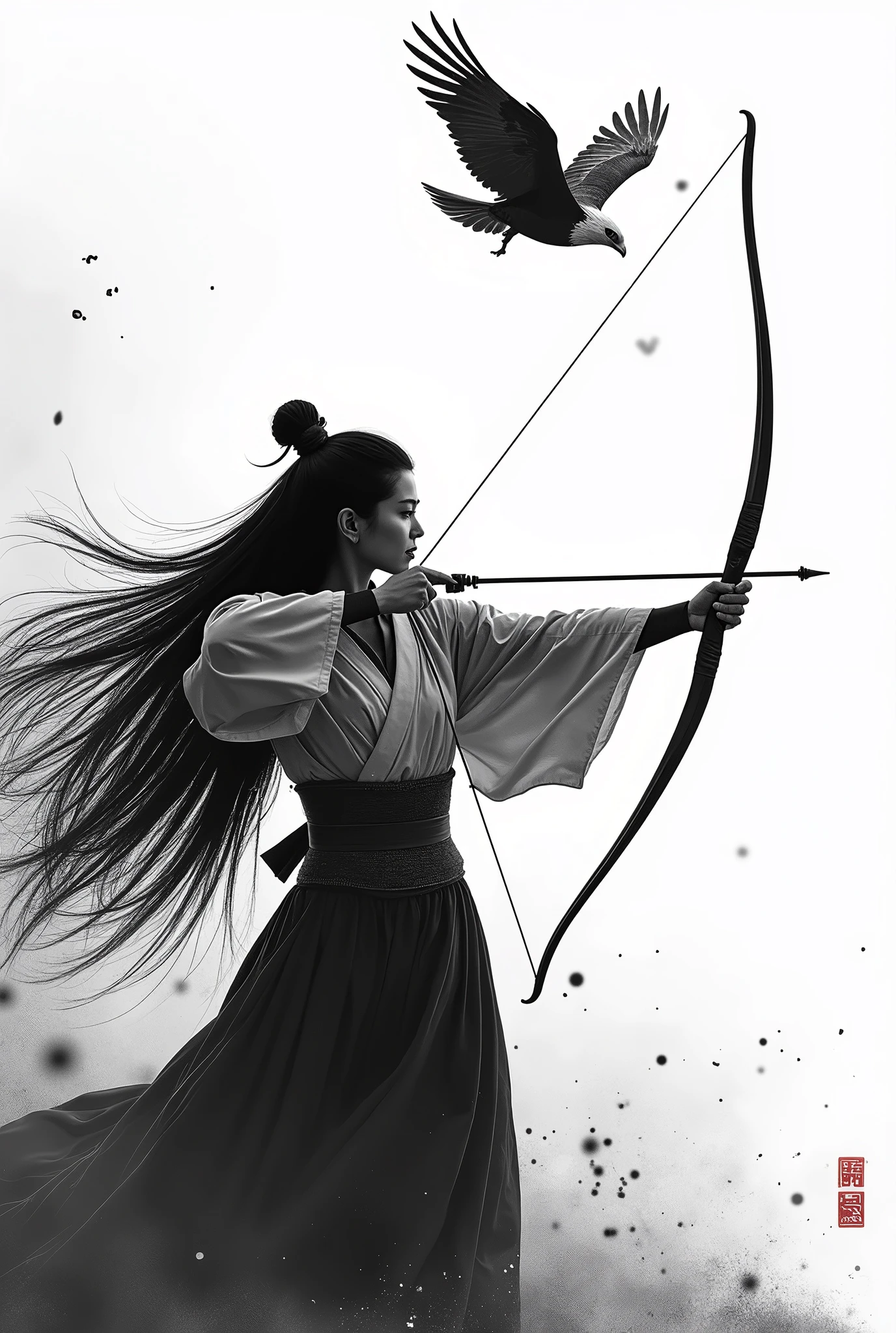 live-action、 real、Kyudo、A very beautiful Japanese woman holding a bow and taking aim、Carrying arrows、Aiming at the eagle in the sky、Ainu traditional clothing、A very beautiful Japanese woman with a 、Black Hair、 Straight Long Hair 、Hair blowing in the wind、whole body、profile、Ink painting background、Black and white photography、