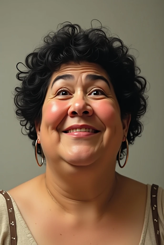 super high quality, background blur, in a hotel room, gravure, I'm taking out my, 65 years, ,fat belly,very chubby, from the chest up, masterpiece, of the highest quality, Very detailed, realist, Ultra-dense skin, perfect anatomy, Mature, plump woman, wrinkles around the eyes, , big breasts, In underwear, A shy, toothy smile, chubby, glamour, sexy, latin brown skin, Looking at the audience,