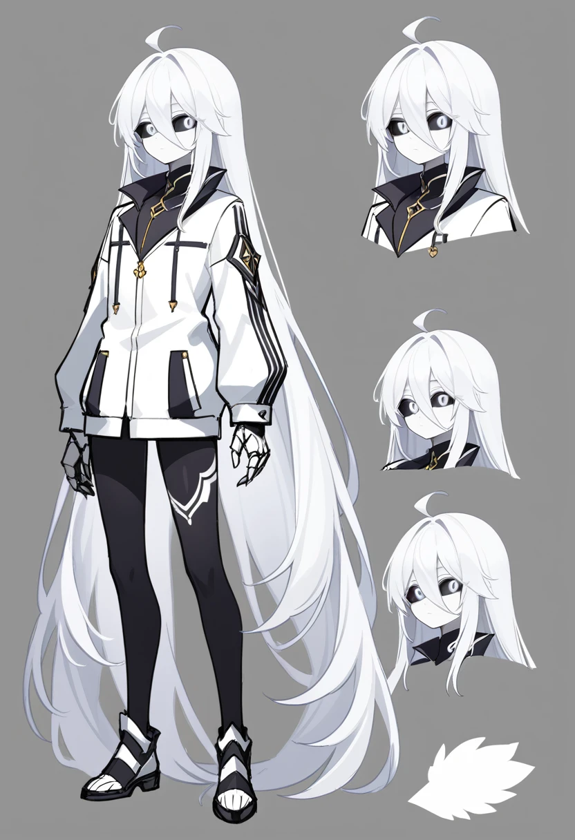 ((masterpiece)),(((best quality))),(character design sheet, same character, front, side, back), illustration, male,  big chest, feminine, white skin, white eyes, black sclera, ahoge, absurdly long hair, white hair, expressionless, white gauntlets, hair over eyes, hair between eyes, (white jacket:1.1), Electric, energetic, mystical, playful, cute, dangerous, godlike, cute, chaotic, concept art，character concept art，character sketch，Reference table，character sheet, nfsw.