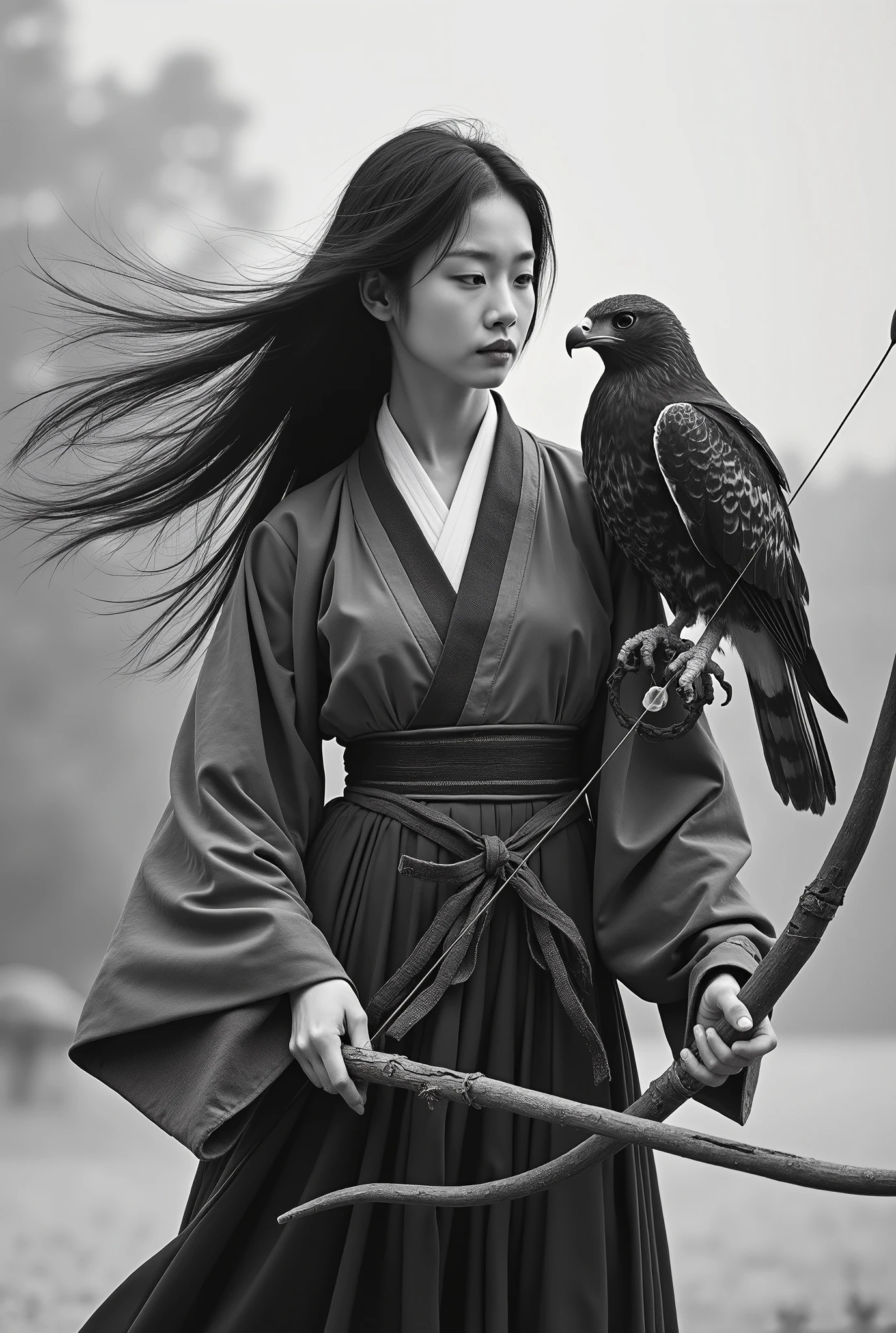 live-action、 real、Kyudo、 bow standing majestically、Carrying arrows、The hawk is perched on my arm、Ainu traditional clothing、A very beautiful Japanese woman with a 、Black Hair、 Straight Long Hair 、Hair blowing in the wind、whole body、Ink painting background、Black and white photography、