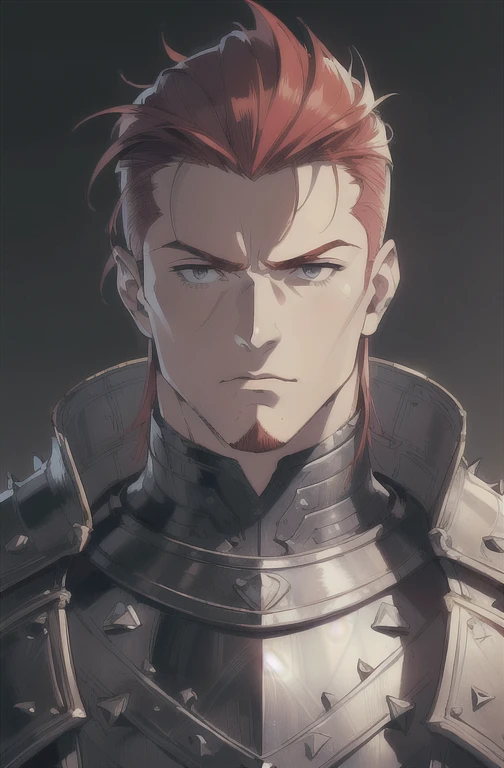 (masterpiece, ultra-detailed, high resolution, best quality:1.2), (anime, simple background, plain background), (knight, armor, muscular, large build, sketchy knight drawing, 1guy, male focus, solo, cape, adult male, uncle, middle aged, portrait, (facing viewer:1.2)), (forehead, spiked hair, (Slicked back), (redhead), (very thin beard:0.9))