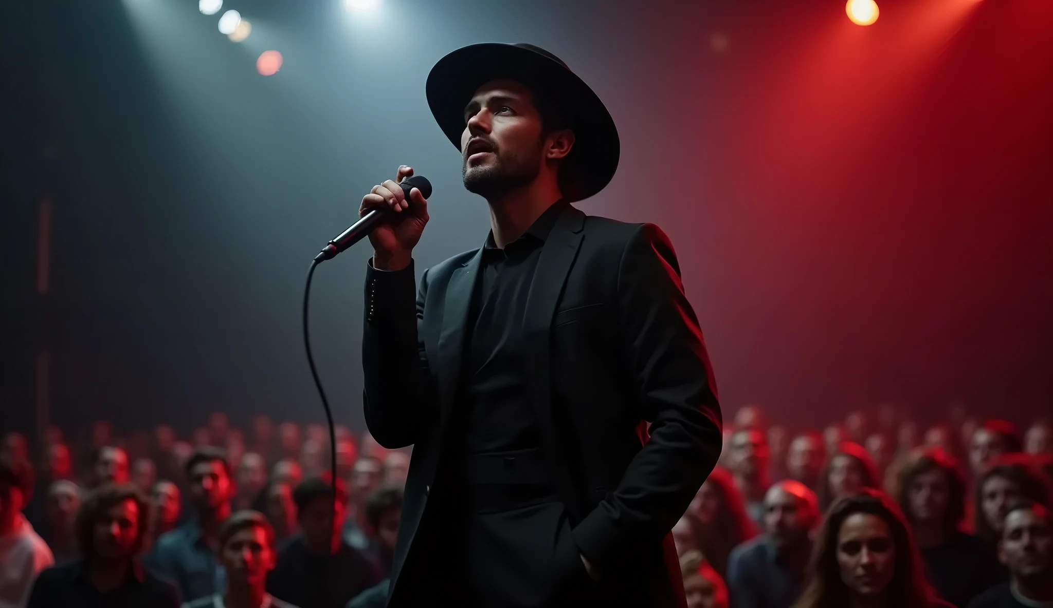Create a singer on a stage dressed in a Jew in black clothes and a hat. He's singing. In the image it is possible to see the audience .