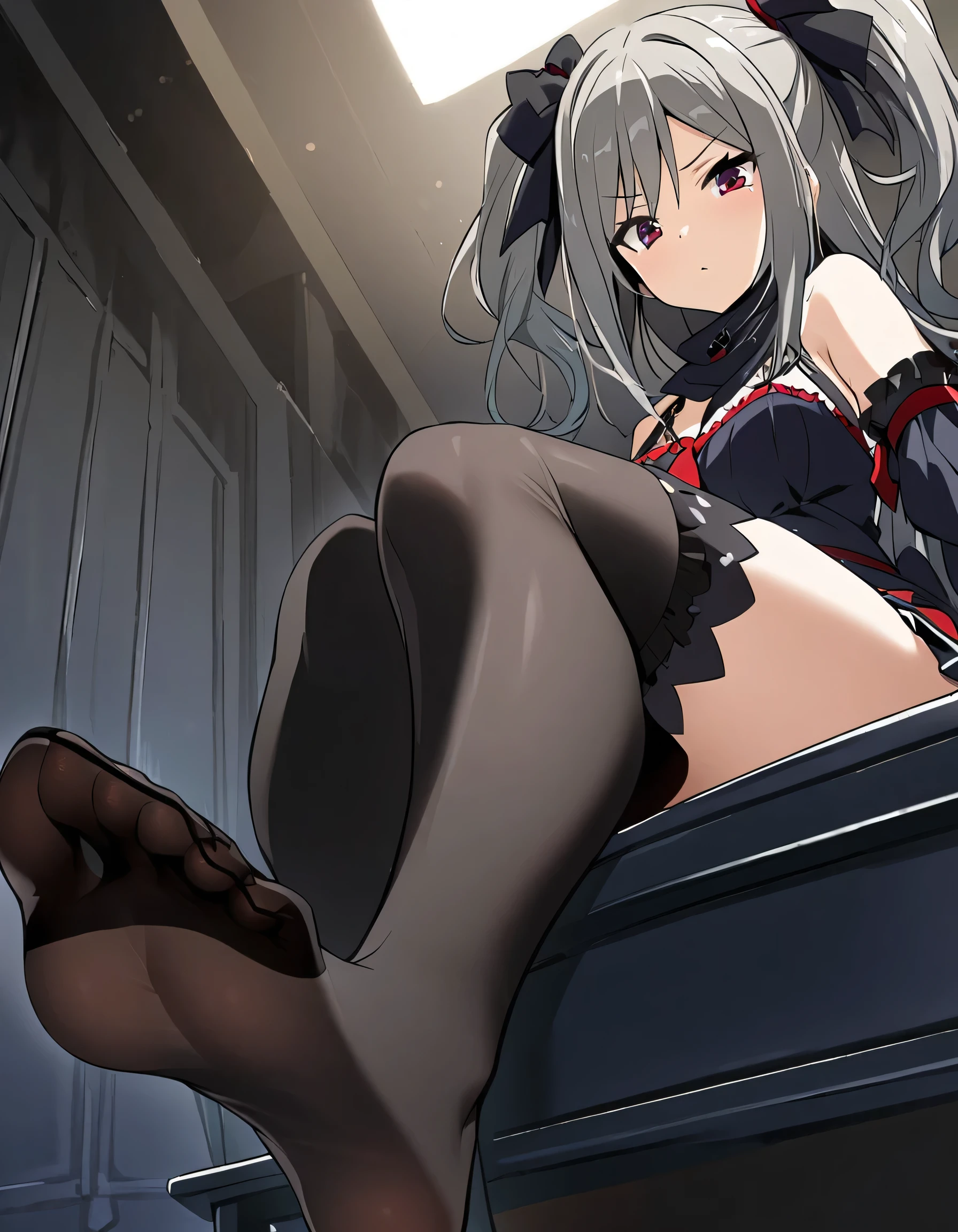  1 girl,Grey Hair,Kanzaki Ranko, Shoulder ,gothic ****FACING, black gloves , sitting,Two legs, focus on legs, black knee-high stockings,feet,soles of feet,From below,