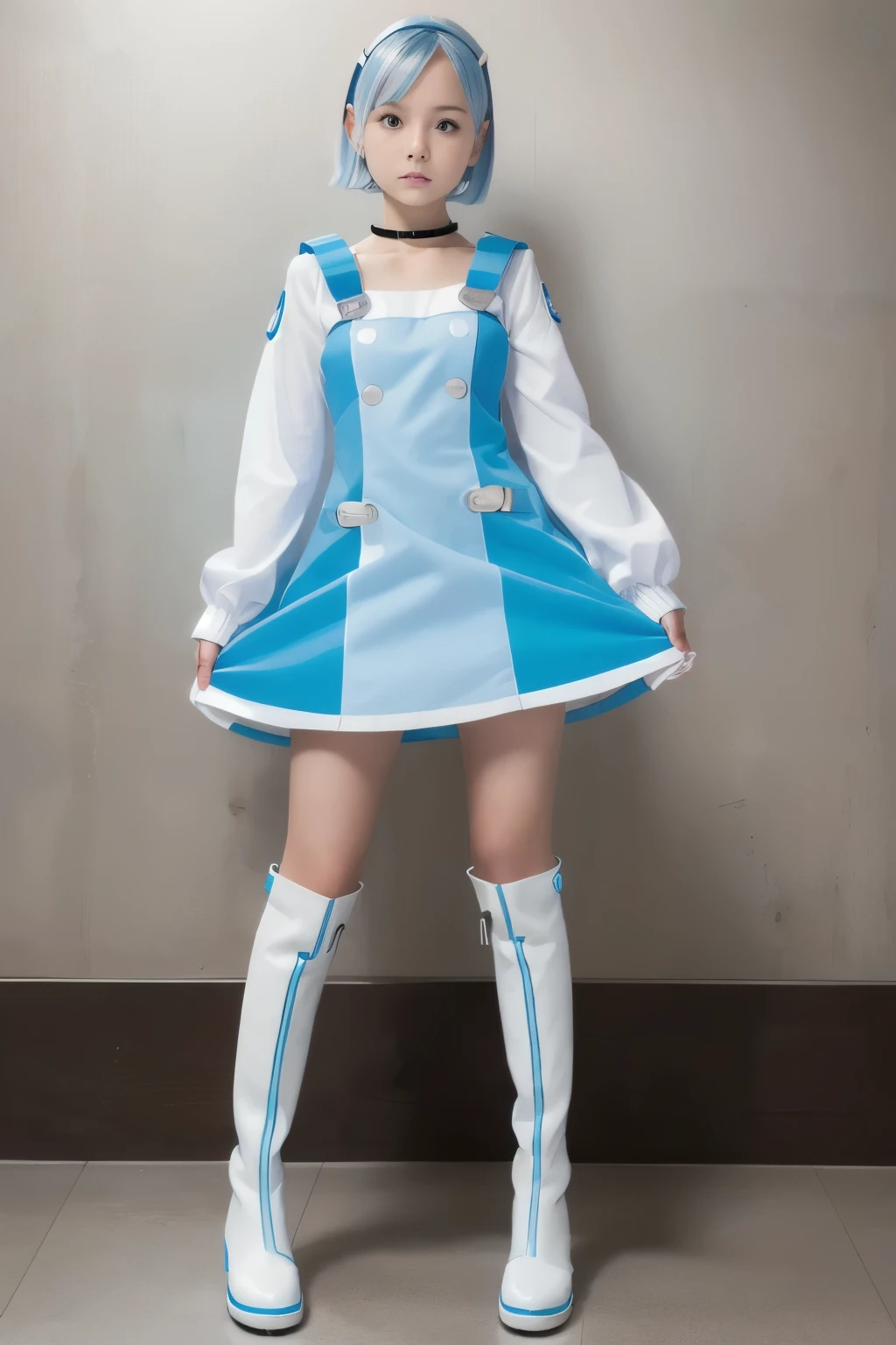 (  super high resolution )、eureka、 girl、 purple eyes、Very short light blue hair、 choker、 hair clip that invites you with your hand、White and blue dress、 Long Sleeve 、 white knee-length knee-high boots、Blue toe of boots 、 full length view、 standing、A modern portrait of Darna、Dinah Drake、 Miniskirt、Baby Face、
