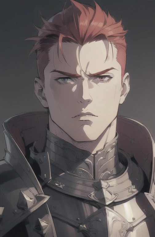 (masterpiece, ultra-detailed, high resolution, best quality:1.2), (anime, simple background, plain background), (knight, armor, muscular, large build, sketchy knight drawing, 1guy, male focus, solo, cape, adult male, middle aged, portrait), (forehead, spiked hair, (Slicked back), (redhead), (very thin beard:0.9))