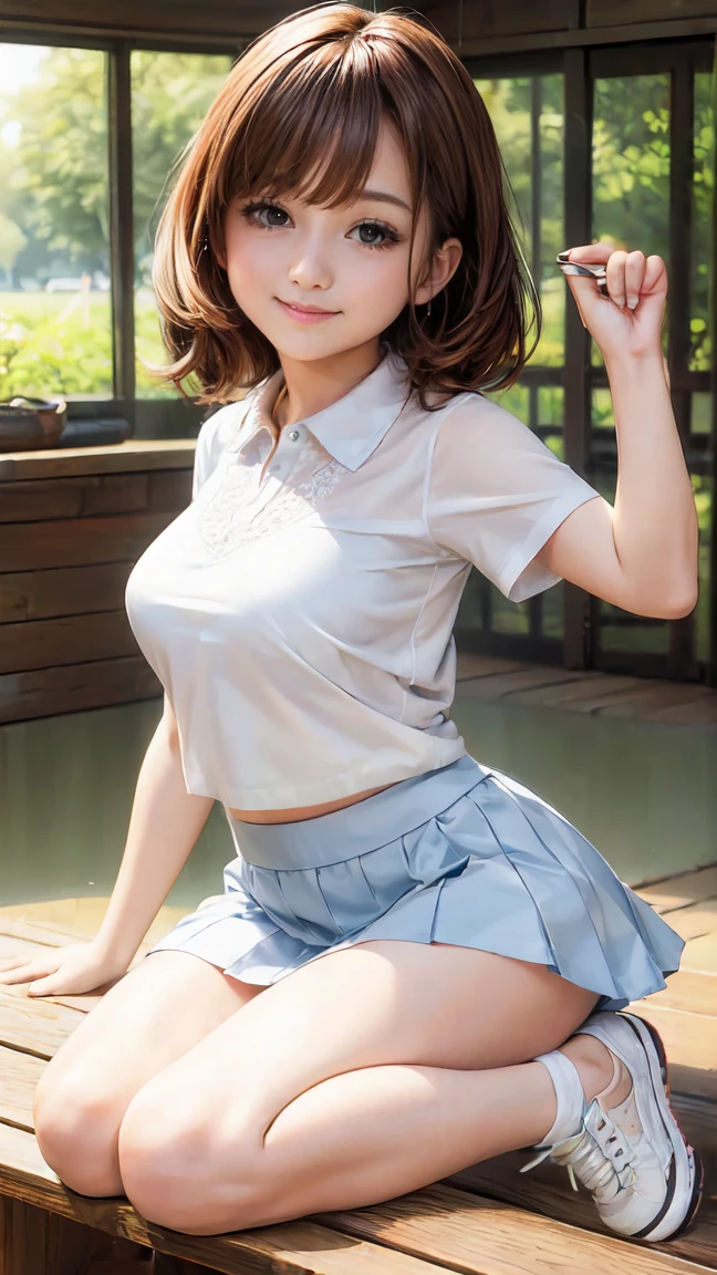 (( table top, Best Quality,  high resolution on down,  perfect pixel, 4K,)),  1 girl, single, Alone, Beautiful woman、 I was able to see my whole body 、 (( short wavy hair in front of it, bangs, Brown Hair)), (( Brown Eyes ,  beautiful eyelashes , Realistic eyes)), ((  DETAILS FACE  , :1.2)), (( smooth texture:0.75, Realistic texture:0.65, Realistic:1.1,  anime CG style)),  medium chest,  Dynamic Angle,  perfect body , (( white tennis wear、  white short sleeve shirt with collar 、Light blue frill skirt、  white tennis shoes  、 wind flips through my skirt 、Floral lace panties、、Squat with your knees apart))、  tennis court 、、  Gorgeous Church Basilica with a Very Embarrassing Panic Smile 、、、、The bra is see-through、One side&#39;One on the chest&#39;Hand、