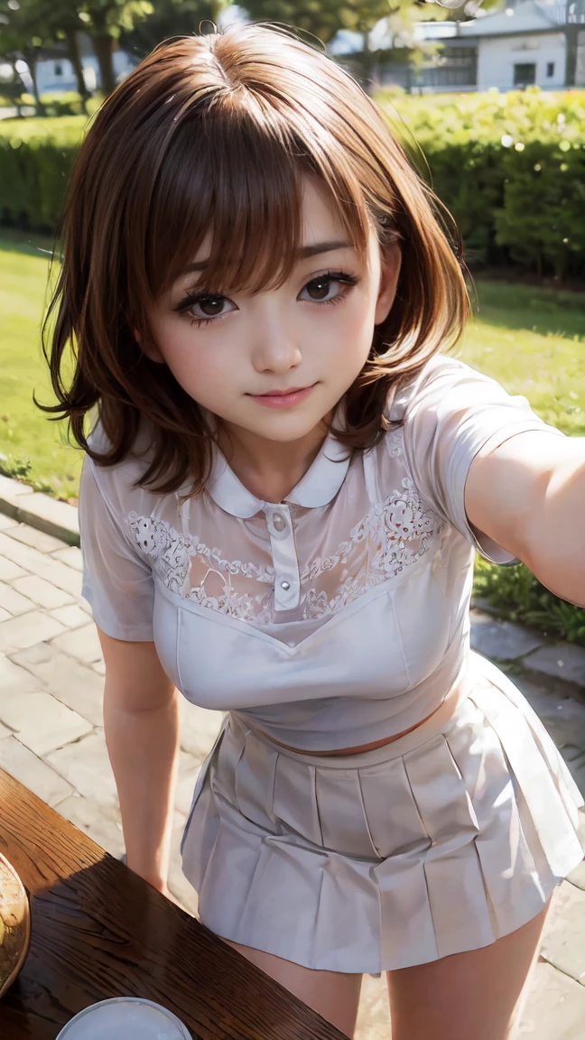 (( table top, Best Quality,  high resolution on down,  perfect pixel, 4K,)),  1 girl, single, Alone, Beautiful woman、 I was able to see my whole body 、 (( short wavy hair in front of it, bangs, Brown Hair)), (( Brown Eyes ,  beautiful eyelashes , Realistic eyes)), ((  DETAILS FACE  , :1.2)), (( smooth texture:0.75, Realistic texture:0.65, Realistic:1.1,  anime CG style)),  medium chest,  Dynamic Angle,  perfect body , (( white tennis wear、  white short sleeve shirt with collar 、Light blue frill skirt、  white tennis shoes  、 wind flips through my skirt 、Floral lace panties、、Squat with your knees apart))、  tennis court 、、  Gorgeous Church Basilica with a Very Embarrassing Panic Smile 、、、、The bra is see-through、One side&#39;One on the chest&#39;Hand、