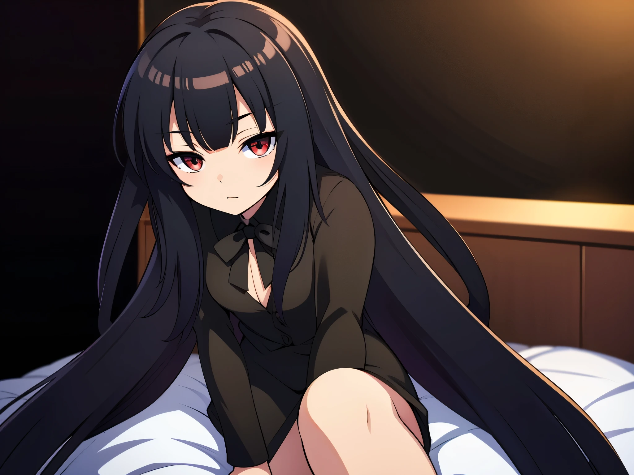 in bed room, a beautiful woman in a black negligee sitting on the bed1:3, looking away, (best quality,4k,8k,highres,masterpiece:1.2), ideal ratio body proportions, small head1:2, clear detailed face, high nose(1:2), large mouth, red eyes, a standing 8k, intense gaze, dark eyelashes, slightly hanging eyes