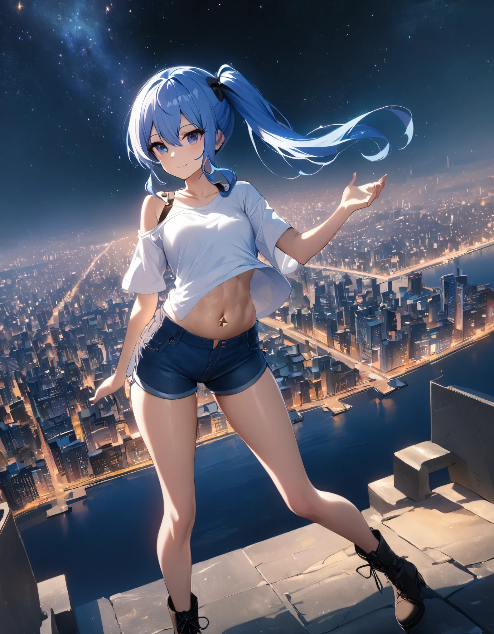 (8k、Best image quality、highest quality)、Detailed face、 1teen_girl、Blue Hair、Long Hair、sideponytail、dark_blue_eyes、smile,(peek_navel:0.7),(small_breasts:0.8),(White_T-shirt:1.3)、Off_shoulder、Black shoulder straps、(open_front_shorts,denim_short_shorts:1.2)、City Background, starry_sky_landscape ,hoshimachi suisei, (belly_button:1.2),nihil,solo,stargaze,girl_looking_up_sky,slender,solo,boots,abs, tight_waist, point_to_sky,slender_thighs,knees