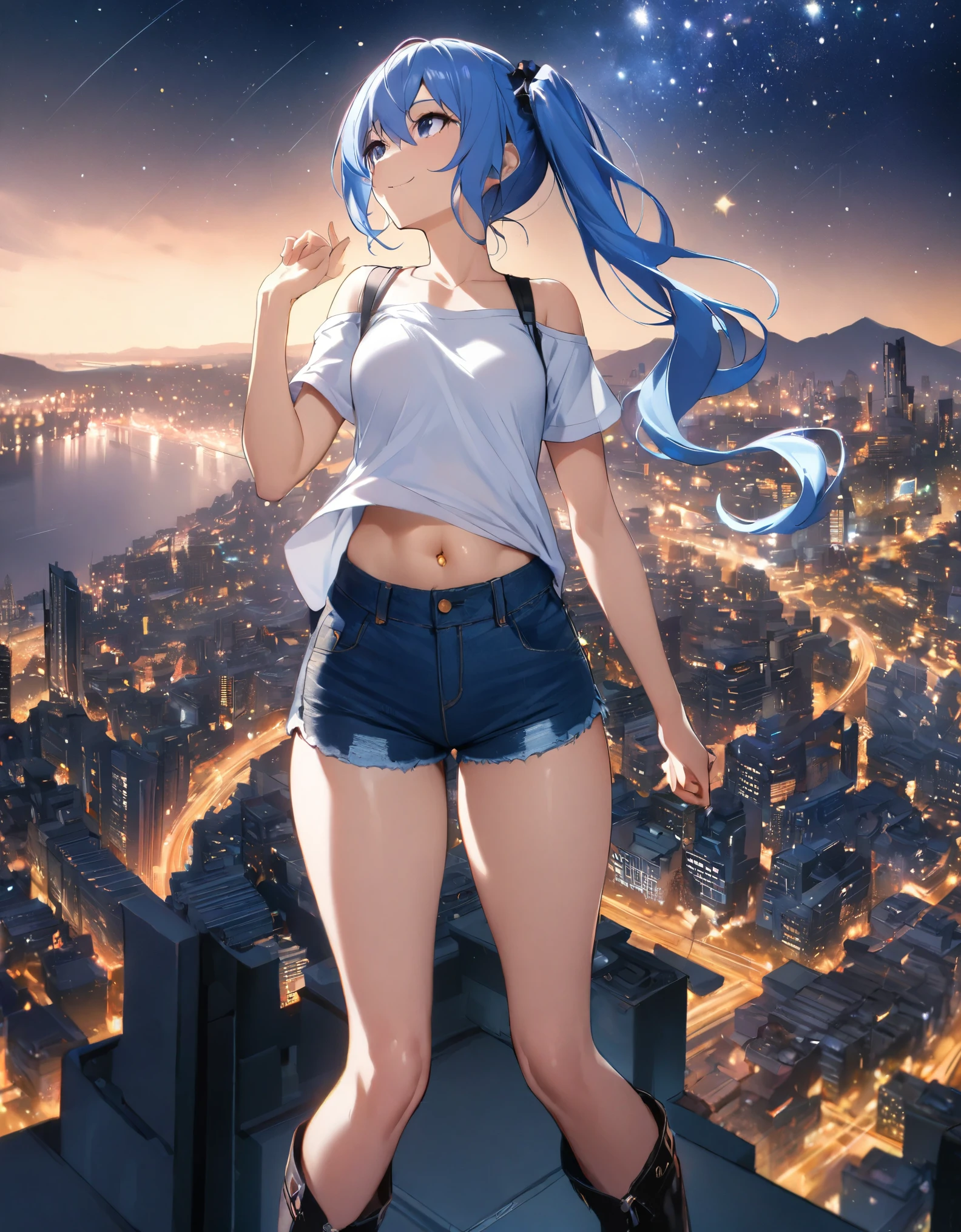 (8k、Best image quality、highest quality)、Detailed face、 1teen_girl、Blue Hair、Long Hair、sideponytail、dark_blue_eyes、smile,(peek_navel:0.7),(small_breasts:0.8),(White_T-shirt:1.3)、Off_shoulder、Black shoulder straps、(open_front_shorts,denim_short_shorts:1.2)、City Background, starry_sky_landscape ,hoshimachi suisei, (belly_button:1.2),nihil,solo,stargaze,girl_looking_up_sky,slender,solo,boots,abs, tight_waist, point_to_sky,slender_thighs,knees