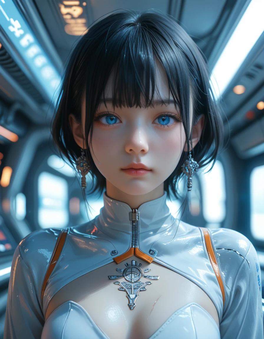 woman, Mechanical Blue Body ，Best Quality, masterpieceUltra HD, 8k,Futuristic spaceship interior，サイバーブルースーツを着たwoman，Black Hair，青 eyes，Shortcuts, Best Quality, High resolution, Ultra HD, blue eyes,