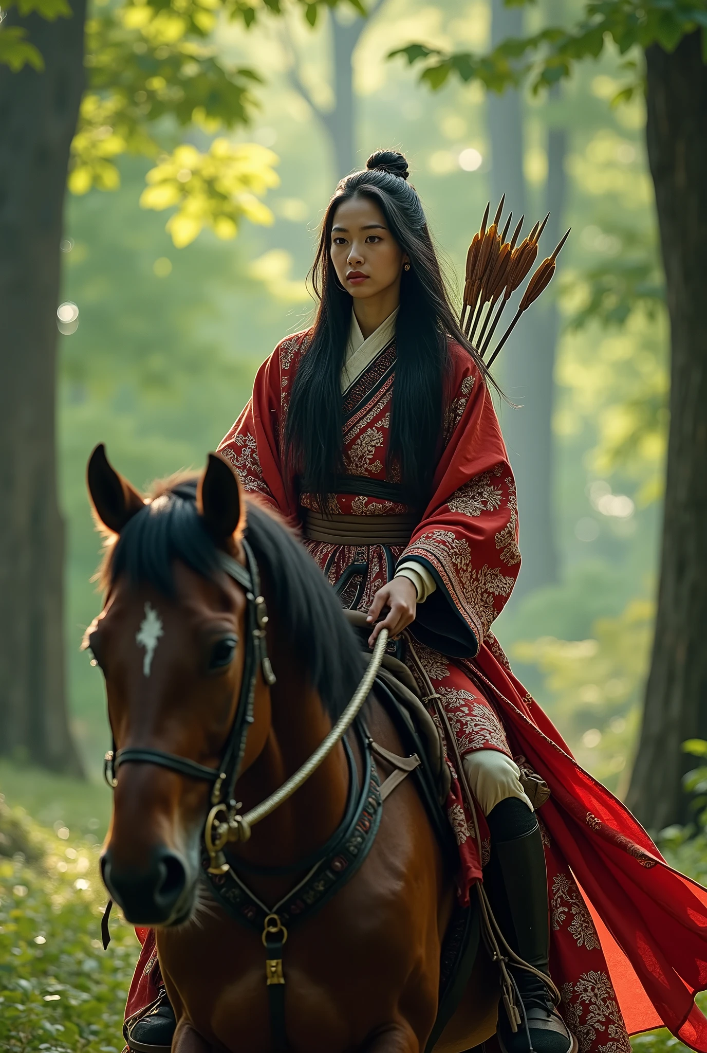 live-action、 real、 bow standing majestically、Carrying arrows、Ride a horse and move through the woods、Ainu traditional clothing、A very beautiful Japanese woman with a 、Black Hair、 Straight Long Hair 、Hair blowing in the wind、whole body、