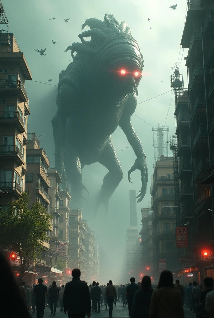 Absolutely massive alien titan towering over the city of London at night, panoramic shot, giant alien monster, incredible scale, arching over the cityscape, backlit by lightning, view from the side, attacking, complex character design, multiple arms and a tail, original character