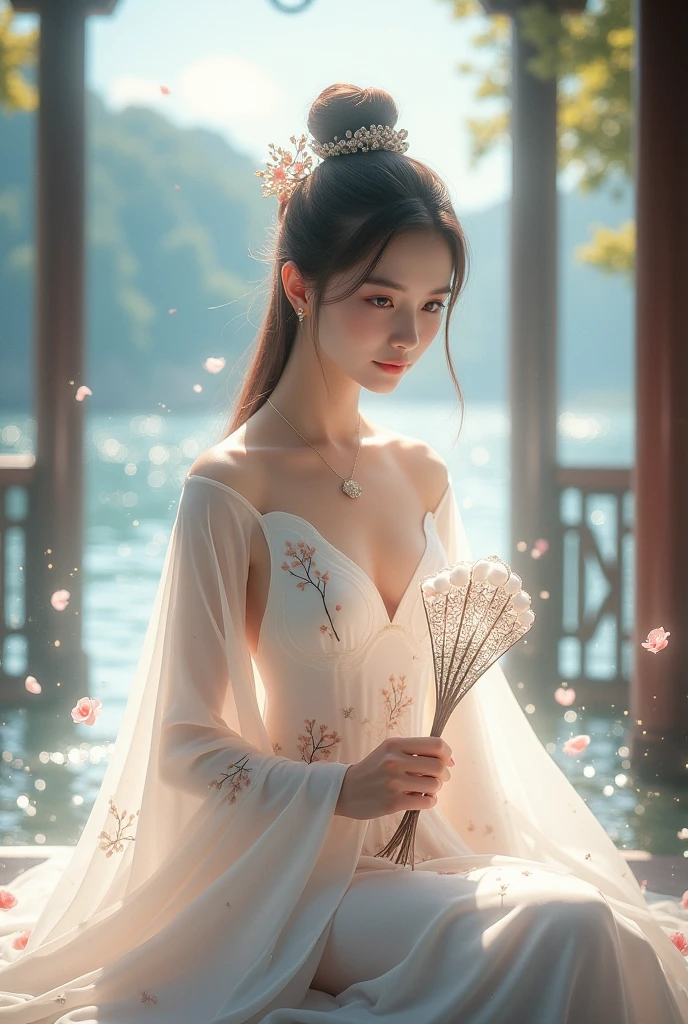 Qingwan talented girl: wearing a white low-cut elegant dress with elegant plum blossoms painted on it. He held a white folding fan in his hand with exquisite landscape patterns on it. Surrounded by a white halo effect, as soft as moonlight. She has bright eyes and is sitting in a pavilion by the quiet lake. The water is sparkling and the sky is bright.
