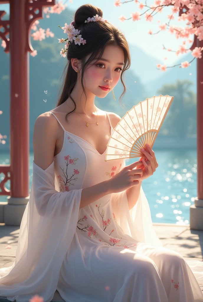 Qingwan talented girl: wearing a white low-cut elegant dress with elegant plum blossoms painted on it. He held a white folding fan in his hand with exquisite landscape patterns on it. Surrounded by a white halo effect, as soft as moonlight. She has bright eyes and is sitting in a pavilion by the quiet lake. The water is sparkling and the sky is bright.
