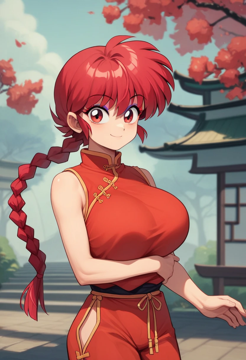 masterpiece, Best Quality, perfect anatomy ,  is so pretty , Absurd　 1 girl\(Ranma, the main character of أنيمي\(Ranma1/2\),  braided ed Red Hair, red eyes, Red Chinese clothing, smile, Ranma Saotome,  braided , Red Hair, single  braided ,  braided ed ponytail, red eyes,pants, Chinese clothes,  tank top ,, purple eyeshadow), huge breasts　 sexy　 erotic 　 is embarrassing　 is short