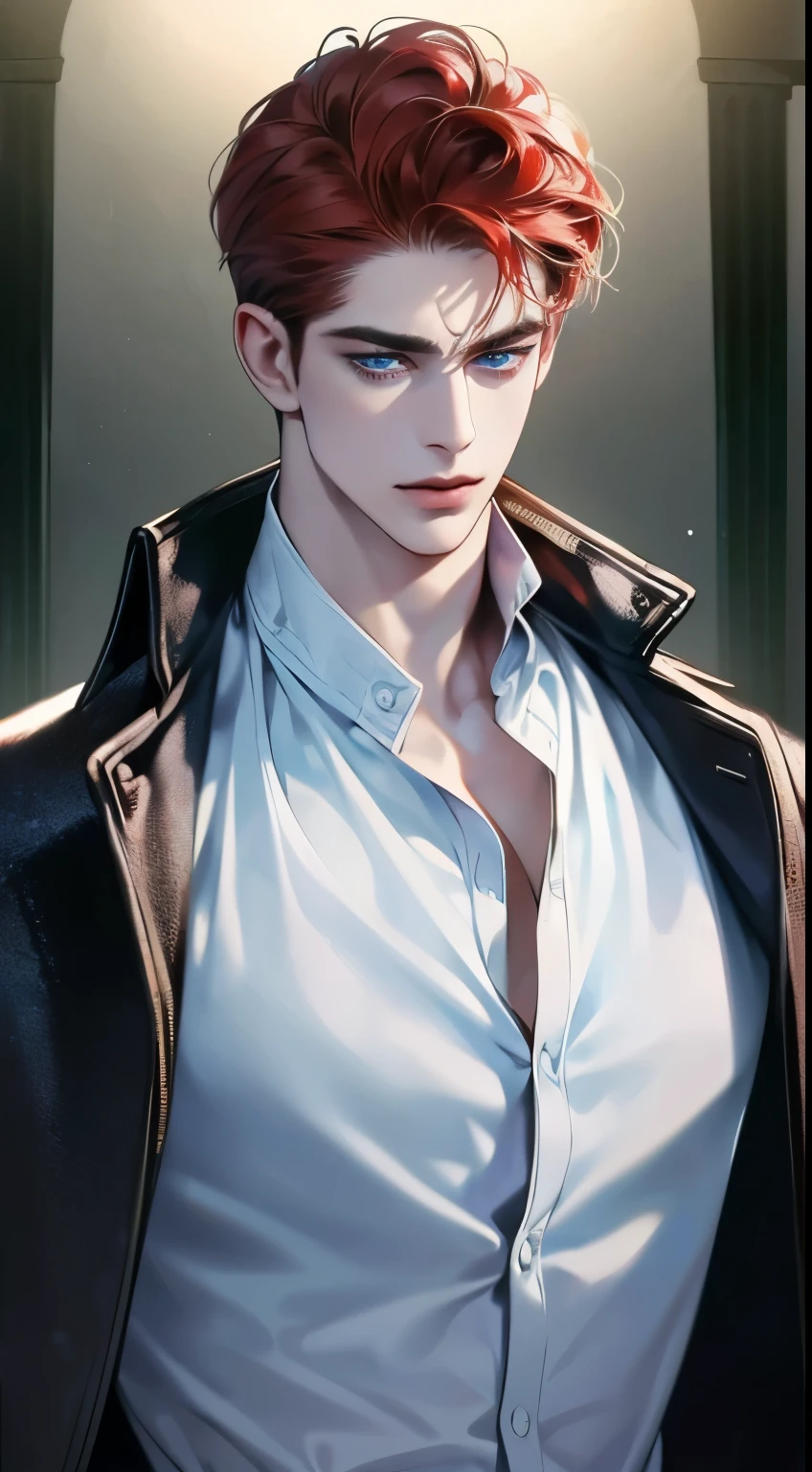 (best quality, masterpiece, 8K, photorealistic, cinematic lighting, 1:4 hdr image, ultra detailed, beautiful image), a mature man, 34 years very handsome, ((cold expression)), short red hair, blue eyes, face perfect without mistakes, ((buttoning his jacket, CEO))