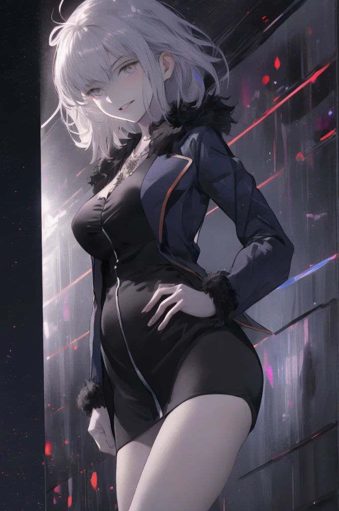 masterpiece, best quality, CG, wallpaper, HDR, high quality, high-definition, extremely detailed, jalter, looking at viewer, upper body, hands on hips, disgusted, looking down,white shirt skirt,black open shirt,silver hair,shirt hair,smile,jeanne d'Arc Alter,fgo,real anime,cinematic light,perfect background,city,moonlight,neon light,16k,super detail,clear eyes,detail hair