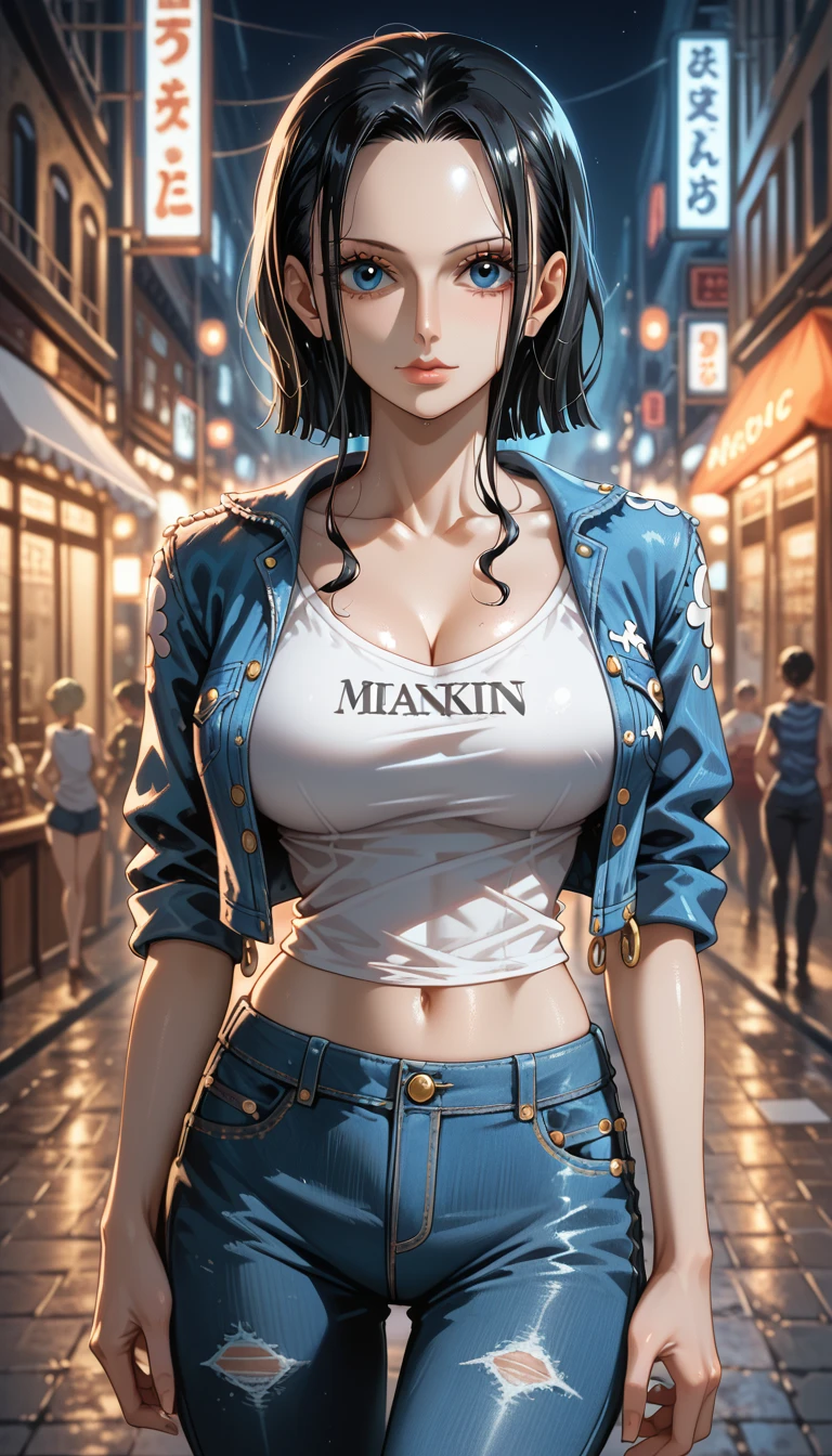 masterpiece, best quality, intricate details, 1girl, woman, black hair, nico robin \ (one piece\), blue eyes, bob cut, hair slicked back, Denim jacket, white T-shirt, casual pants, (Fashionable clothing), female focus, large breast, looking at viewer, ((front view)) ((close up shot)) ((solo)) detailed, very high resolution, no blurry image, cowboy shot, blue eyes, shiny, shiny skin, shiny hair, ((nico robin from one piece)) ((female nico robin from one piece)), outdoors, street, night