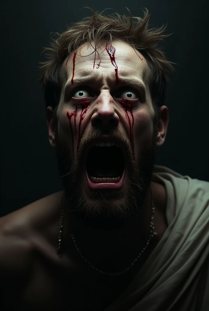 cenobyte, male, solo, close-up face, bearded, messy, hawaiian shirt, masterpiece, wounds, grey skin, fog, silhouette, side lit, chains, skin indentation, <lora:Cenobytes-000013:1>