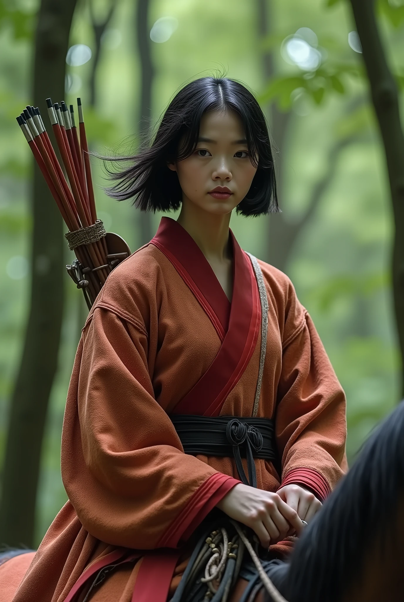 live-action、 real、 very beautiful Japanese woman with bow、Carrying arrows、Ride a horse and move through the woods、Ainu traditional clothing、A very beautiful Japanese woman with a 、Black Hair、 short bob hair、Hair blowing in the wind、 upper body、