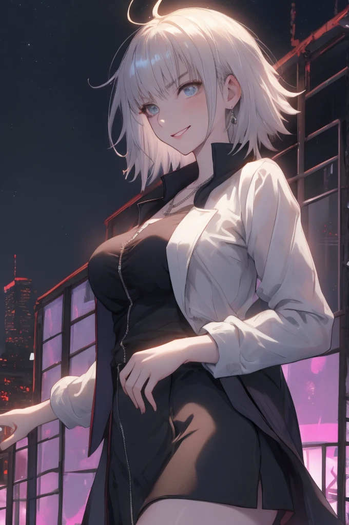 masterpiece, best quality, CG, wallpaper, HDR, high quality, high-definition, extremely detailed, jalter, looking at viewer, upper body, hands on hips, disgusted, looking down,white shirt skirt,black open shirt,silver hair,shirt hair,smile,jeanne d'Arc Alter,fgo,real anime,cinematic light,perfect background,city,moonlight,neon light,16k,super detail,clear eyes,detail hair