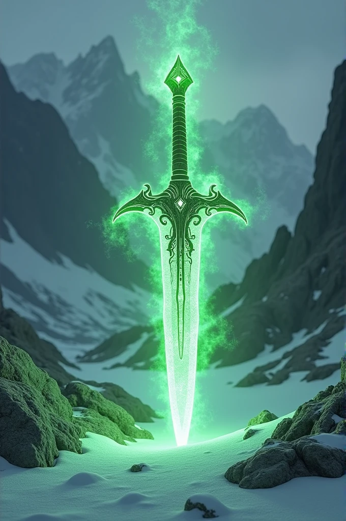 A fantasy sword made of pure, glowing green energy, set in a snowy, rocky environment. Full-body shot, in the style of fantasy art. Created using Unreal Engine and Octane Render, with high-resolution photography and an incredibly detailed appearance.8k --ar 9:16 --stylize 200 --v 6.1