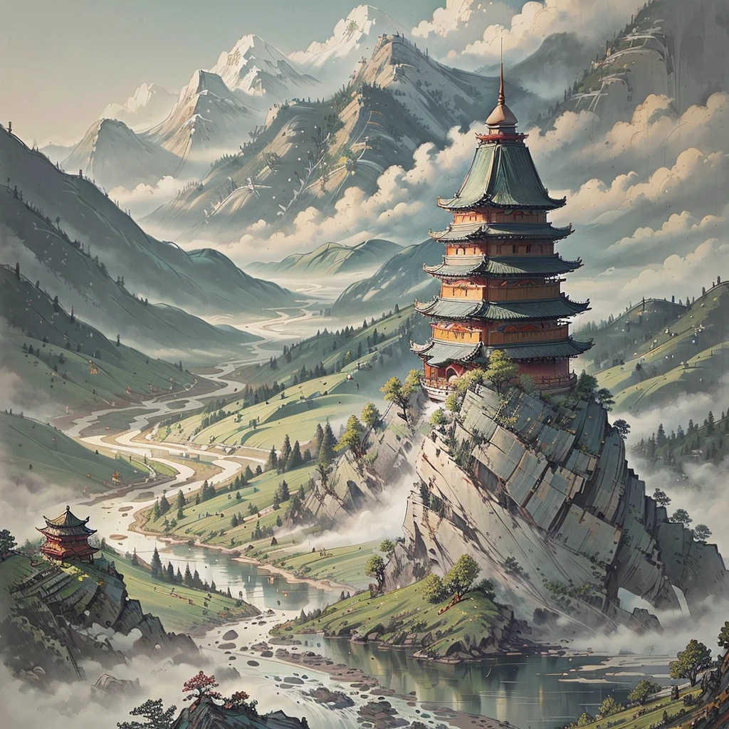 In the foreground is a lake, there is a [white] water lily and lotus leaf in the lake, water lily and lotus leaves with water droplets on it, green mountains, blue sky and white clouds, (Vista of ancient Chinese architecture: 1.3), Jeepley style, two-dimensional, celluloid, illustration, natural landscape, wind, summer, bright colors, sunlight