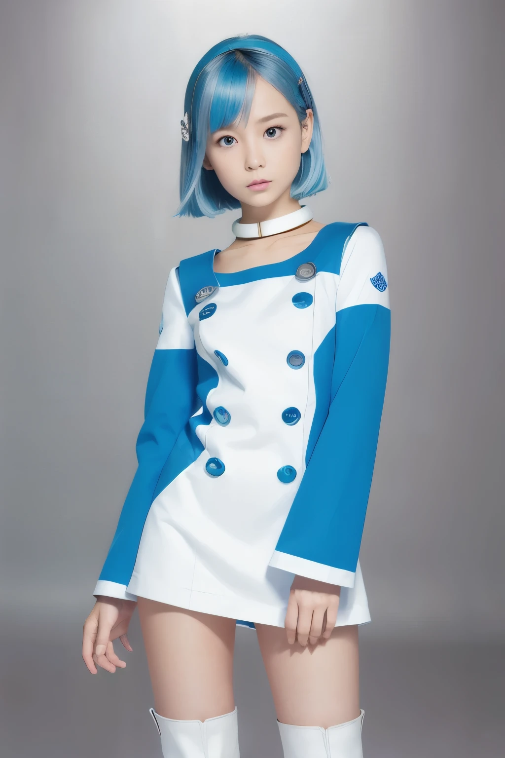 (  super high resolution )、eureka、 girl、 purple eyes、 very short light blue hair 、 choker、 hair clip that invites you with your hand、White and blue dress、 Long Sleeve 、 white knee-length knee-high boots、Blue toe of boots 、 full length view、 standing、A modern portrait of Darna、Dinah Drake、 Miniskirt、Baby Face、Strong winds blow on the space airport deck 、 skirt lifts in the wind and white shorts peek out、
